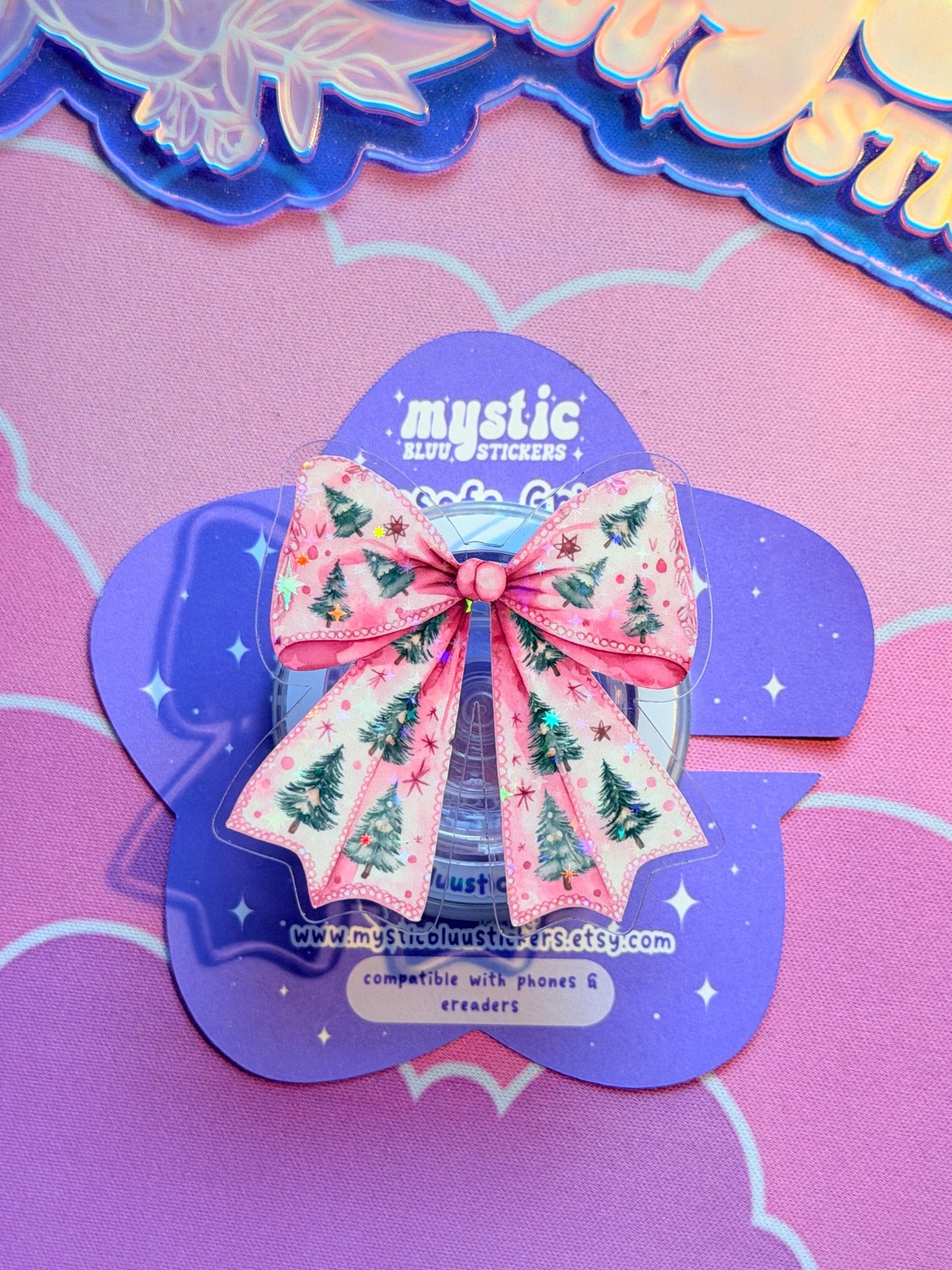 Pink Winter Bow Kindle Grip: Holographic Magsafe Phone Holiday Ribbon Accessory