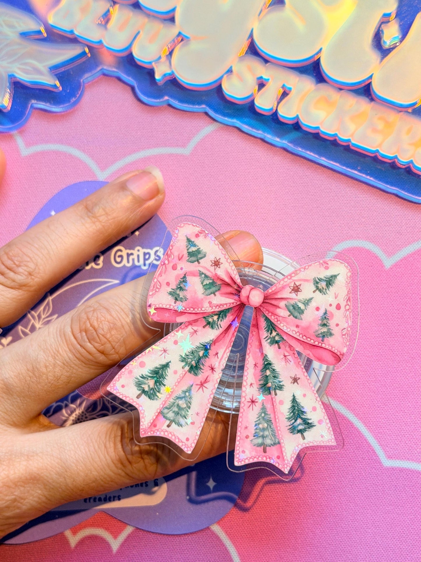Pink Winter Bow Kindle Grip: Holographic Magsafe Phone Holiday Ribbon Accessory