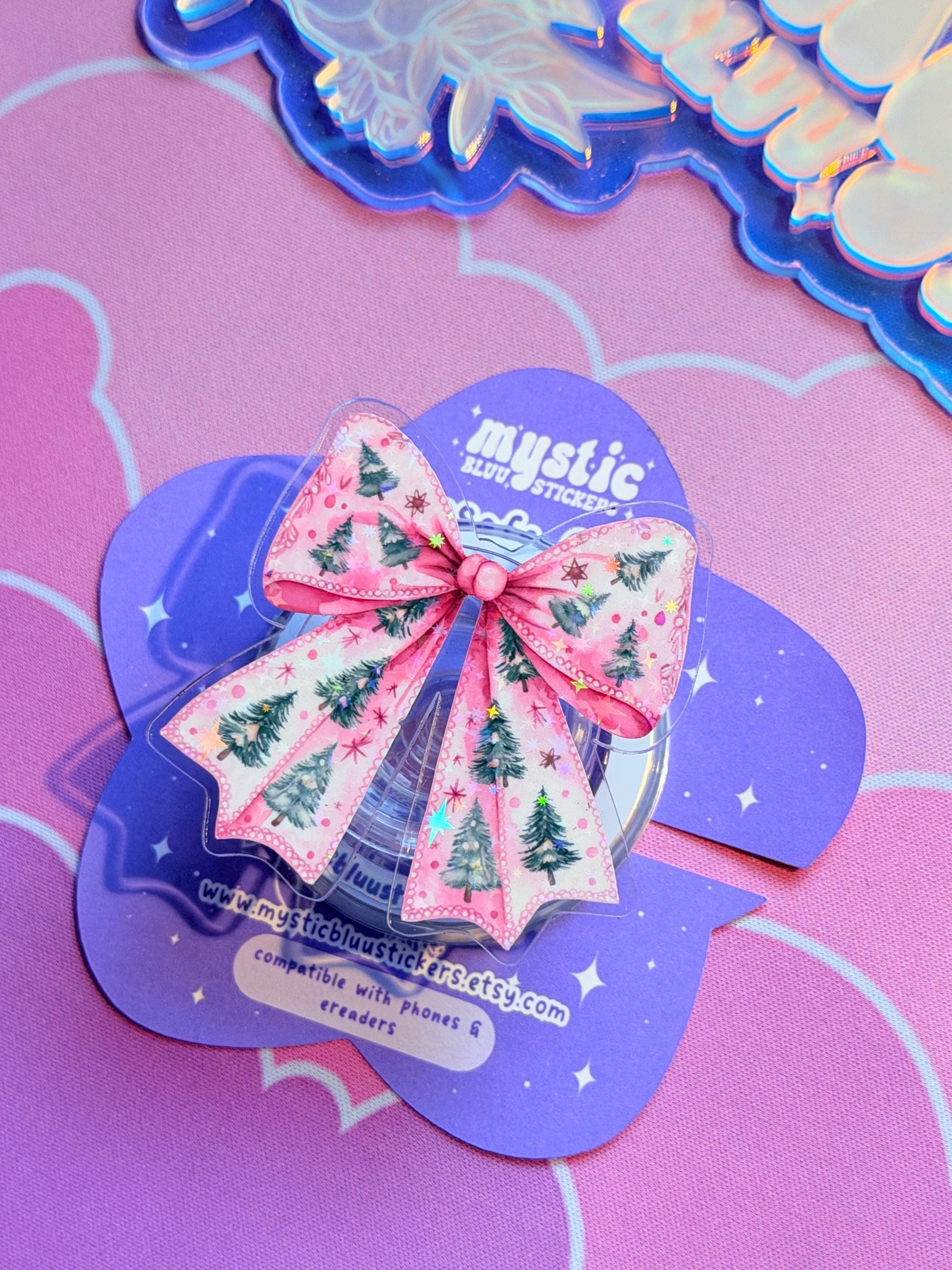 Pink Winter Bow Kindle Grip: Holographic Magsafe Phone Holiday Ribbon Accessory