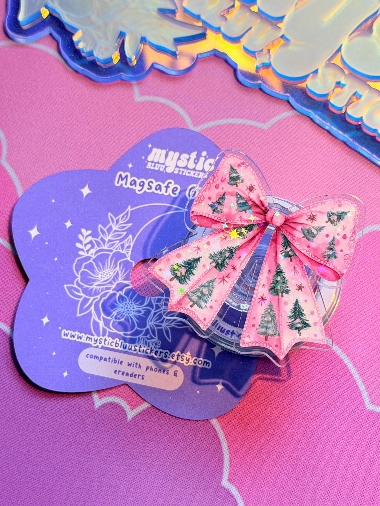 Pink Winter Bow Kindle Grip: Holographic Magsafe Phone Holiday Ribbon Accessory