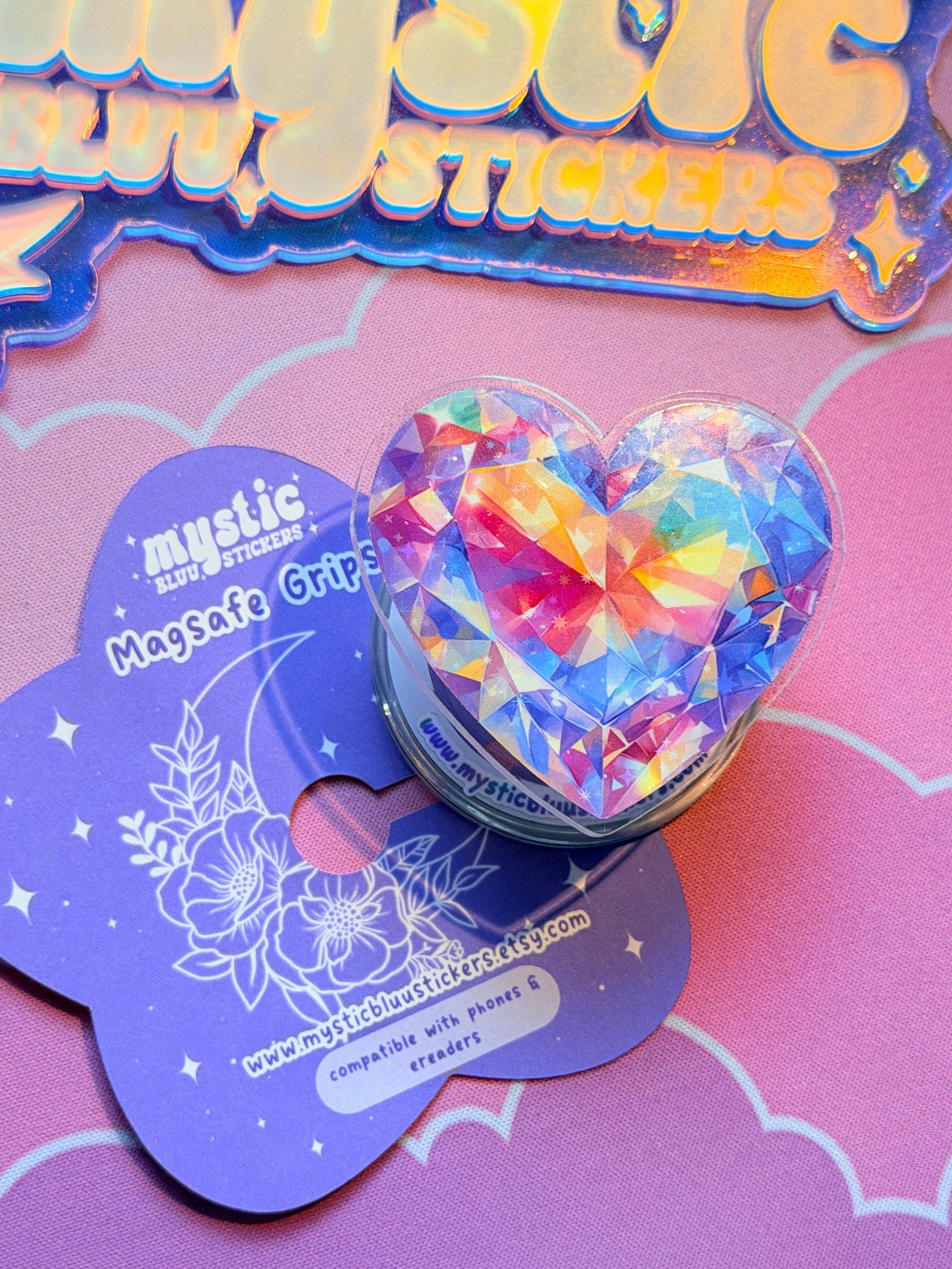 Rainbow Diamond Kindle Grip: Holographic Magsafe Phone Gemstone Accessory