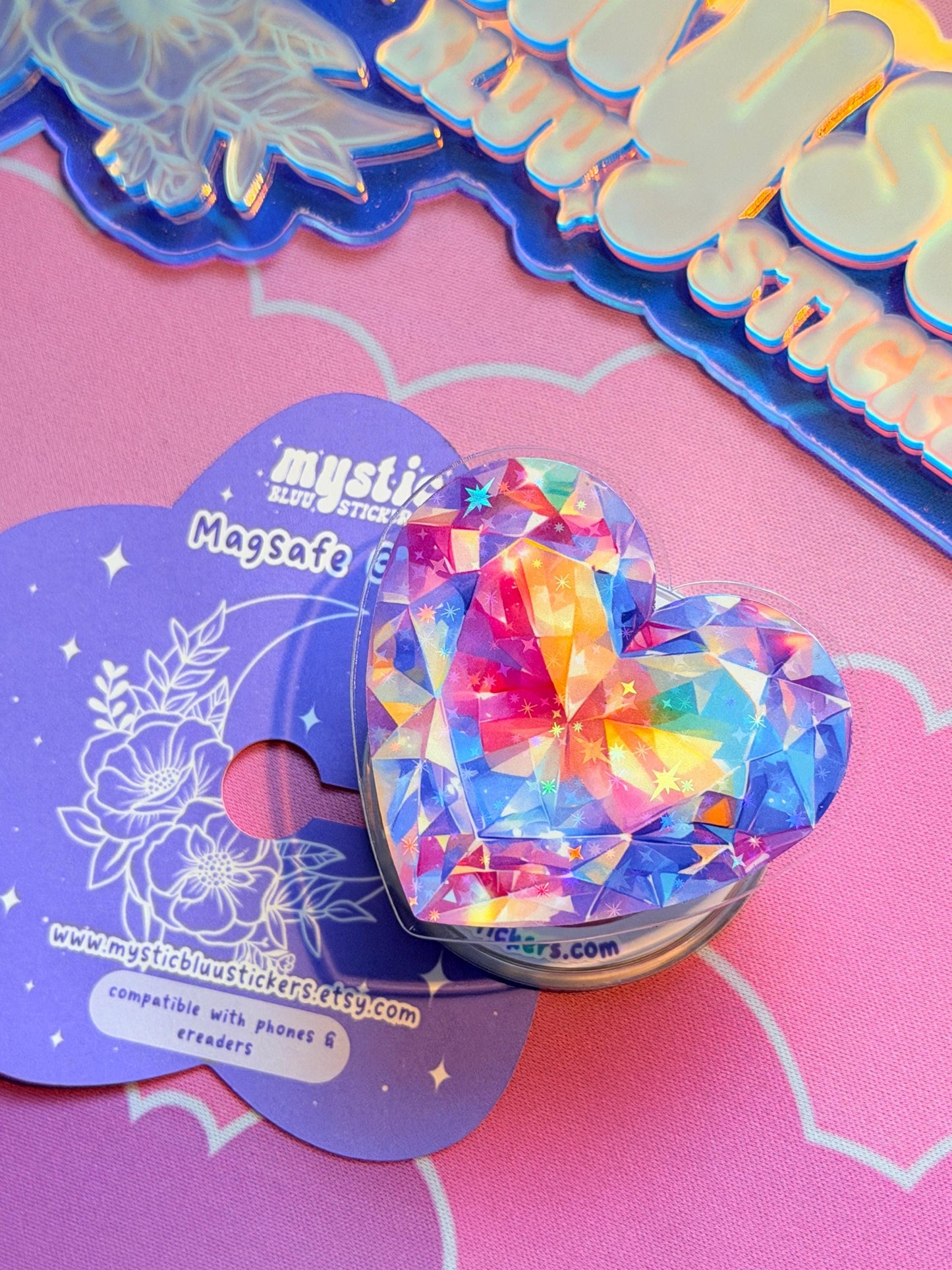 Rainbow Diamond Kindle Grip: Holographic Magsafe Phone Gemstone Accessory