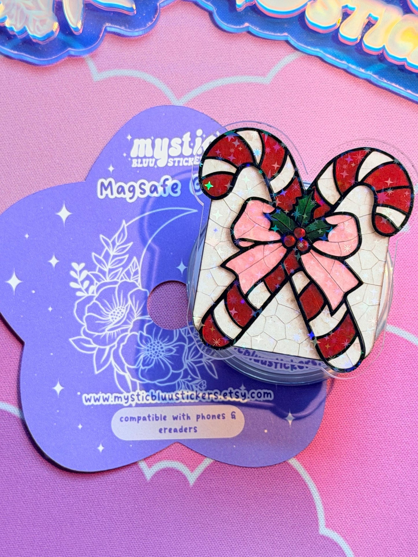 Christmas MagSafe Phone Grip: Holographic Candy Cane Bow Kindle Grip