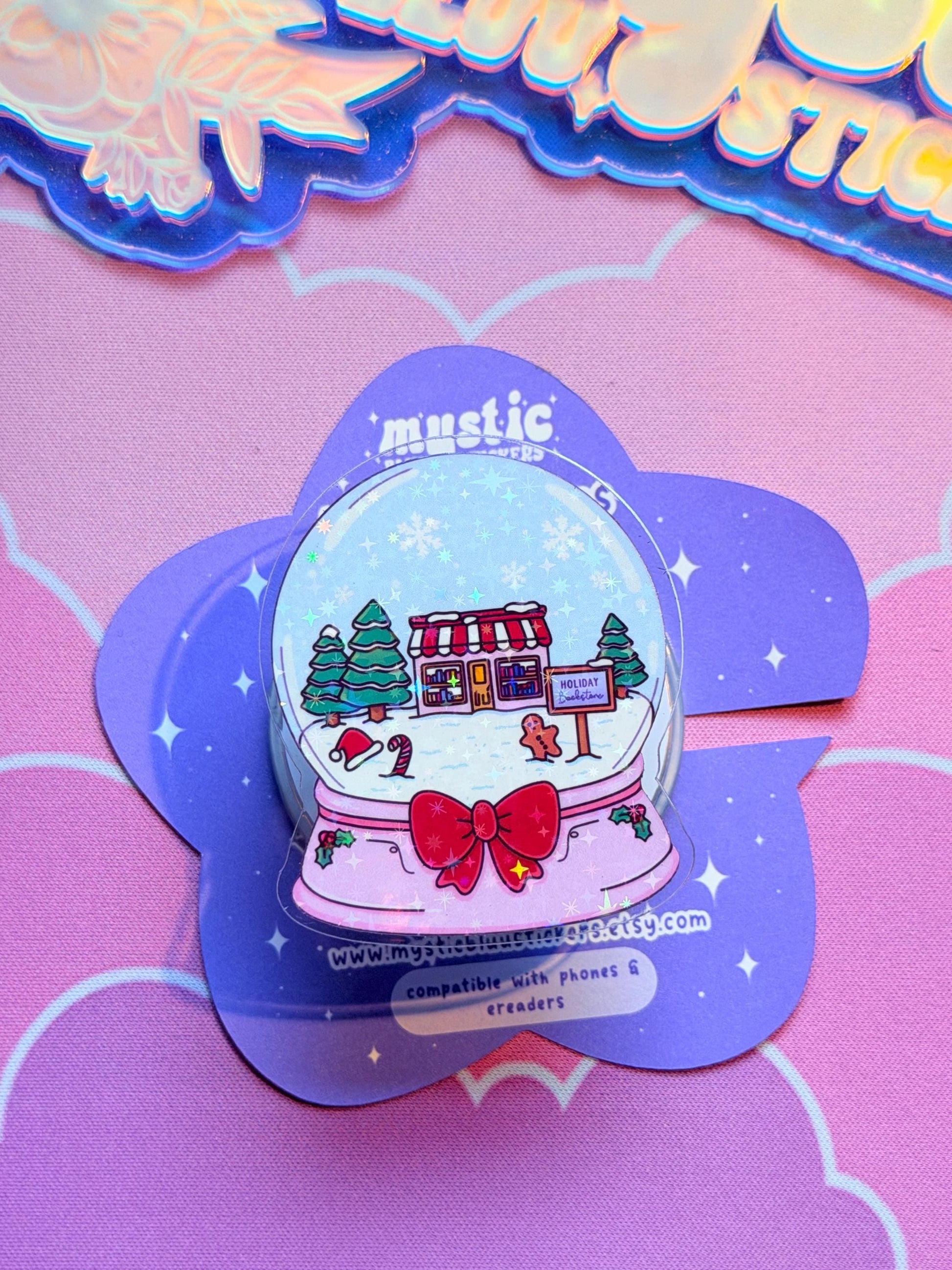 Christmas MagSafe Phone Grip: Holographic Snowglobe Bookstore Kindle Grip