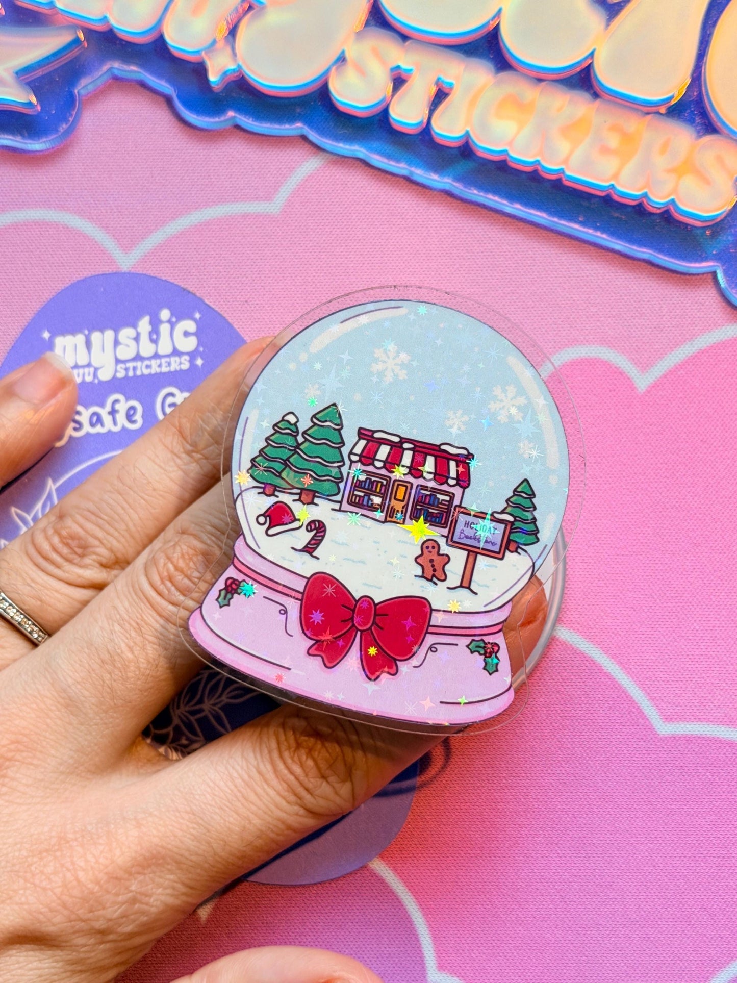 Christmas MagSafe Phone Grip: Holographic Snowglobe Bookstore Kindle Grip