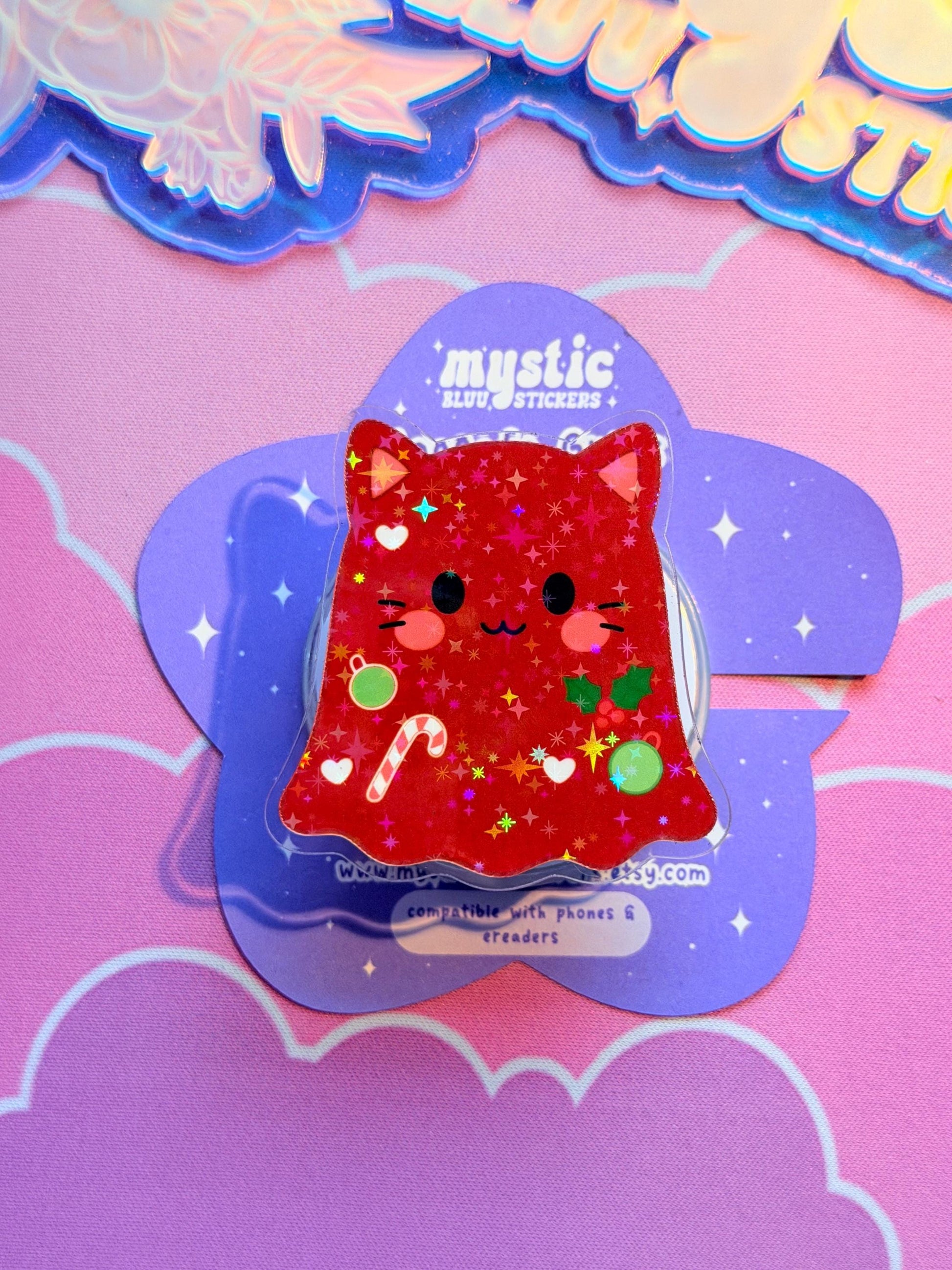 Christmas MagSafe Phone Kindle Grip: Holographic Red Cat Ghost Candy Cane