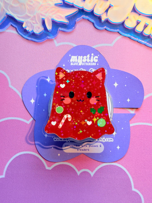 Christmas MagSafe Phone Kindle Grip: Holographic Red Cat Ghost Candy Cane