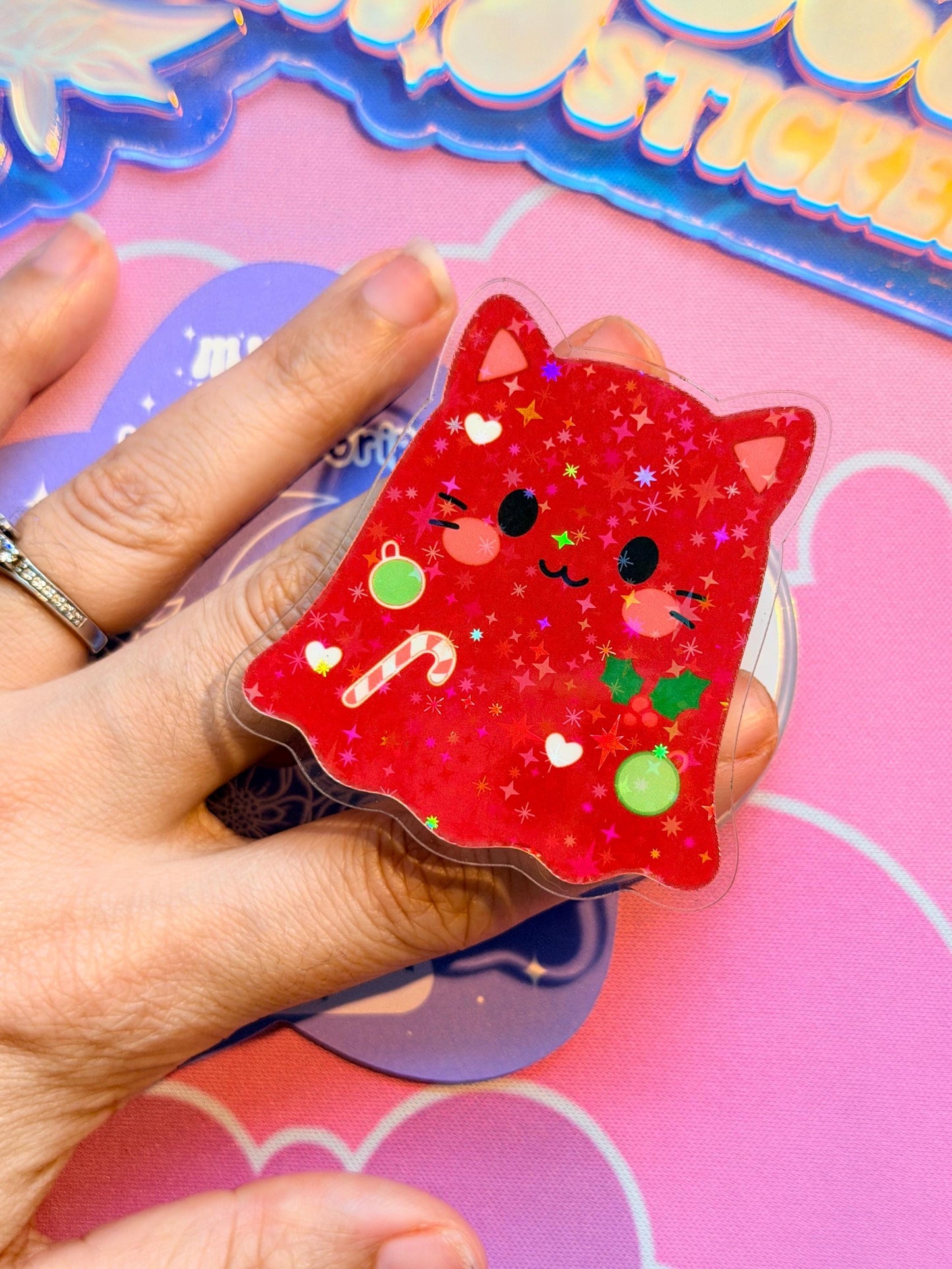 Christmas MagSafe Phone Kindle Grip: Holographic Red Cat Ghost Candy Cane