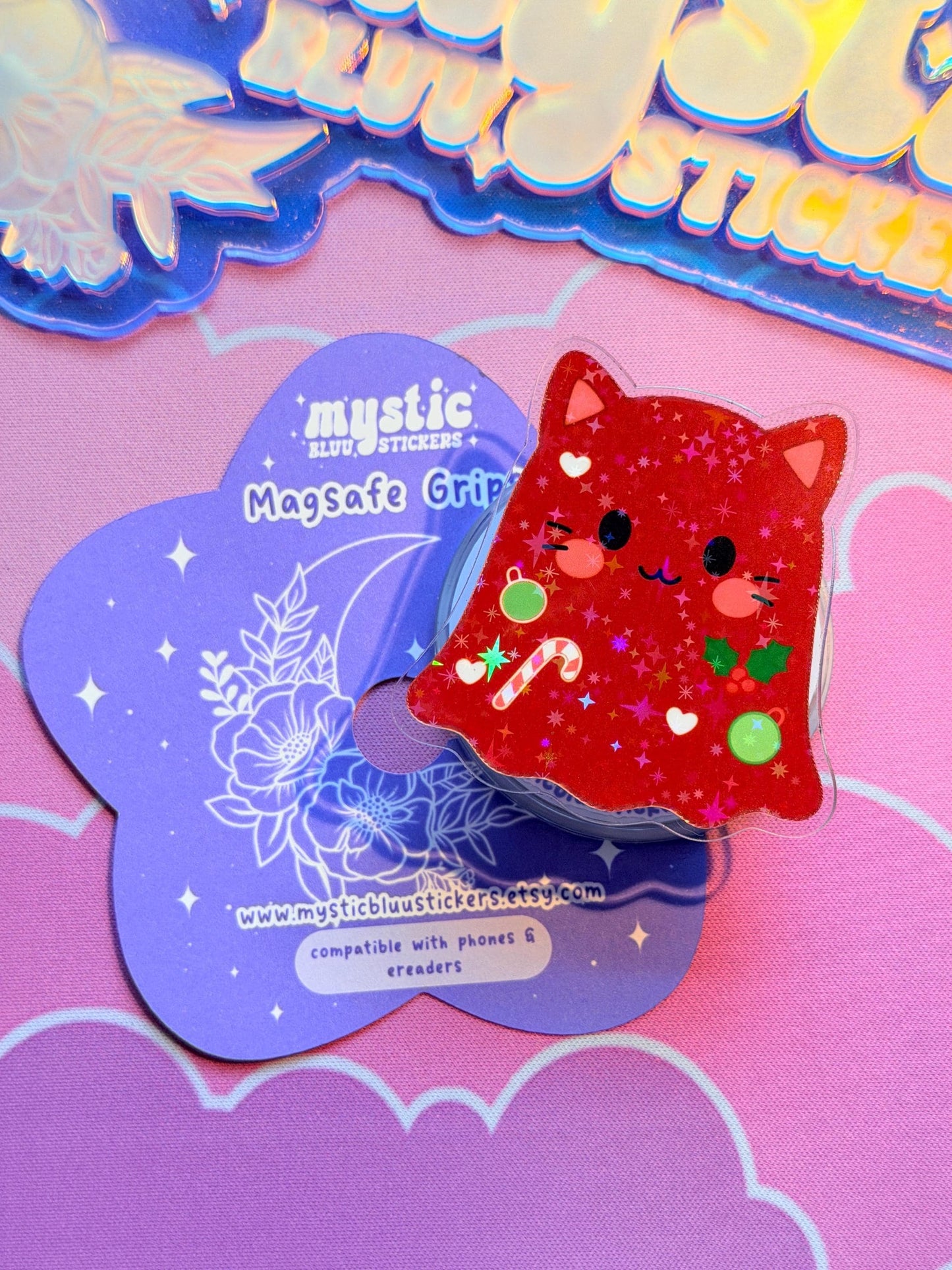 Christmas MagSafe Phone Kindle Grip: Holographic Red Cat Ghost Candy Cane
