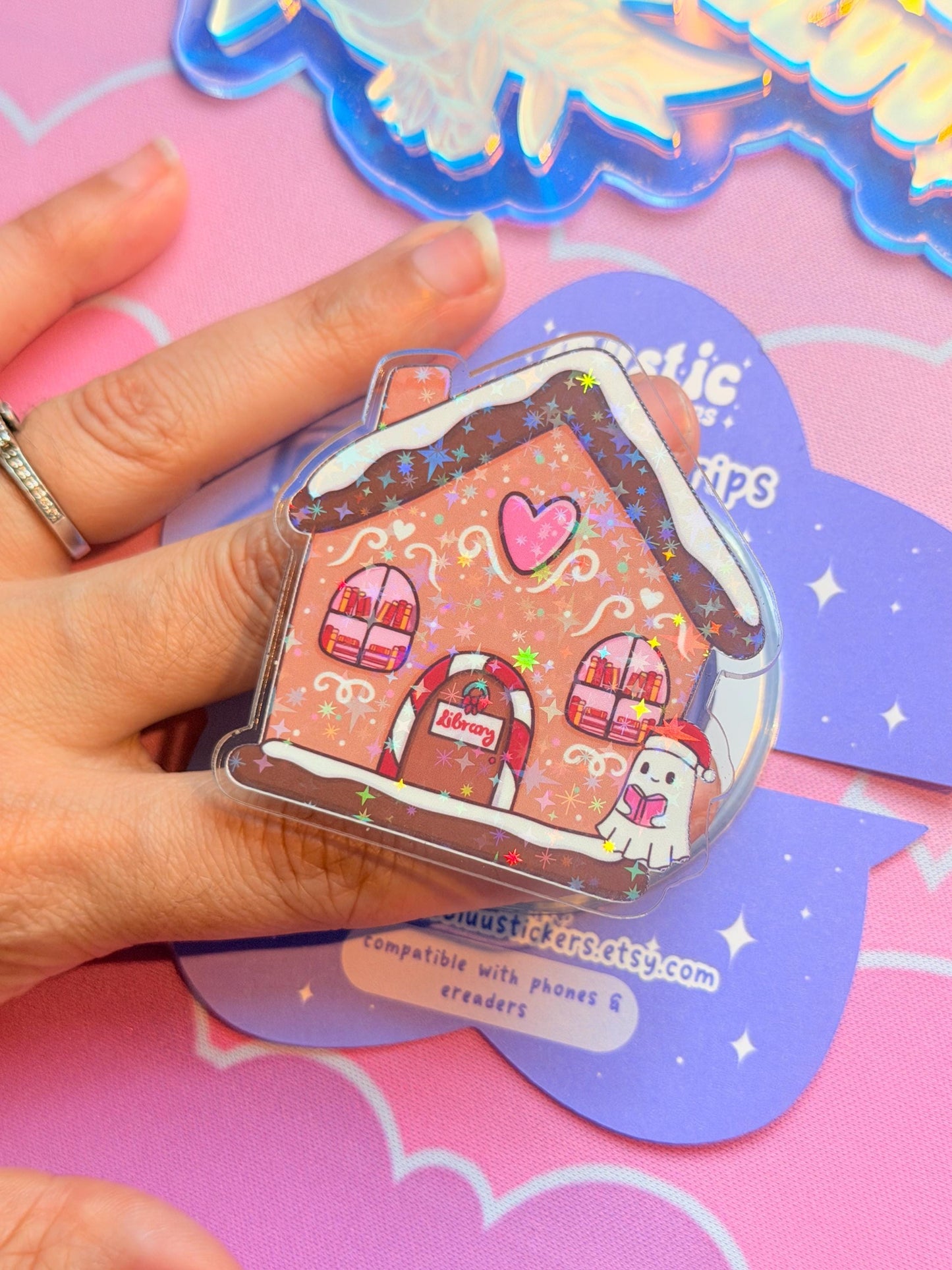 Christmas MagSafe Phone Grip: Holographic Gingerbread Library Kindle Grip