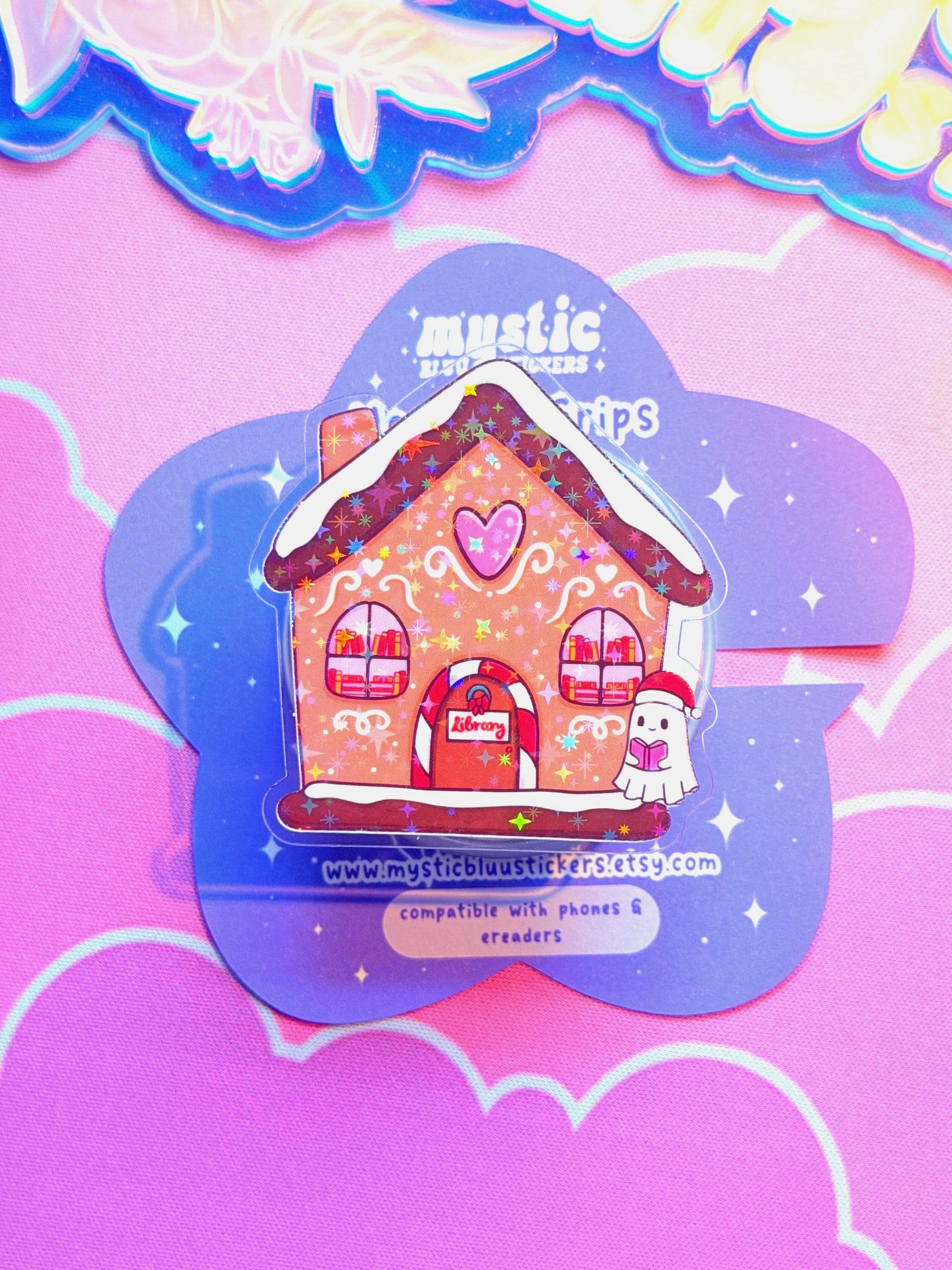 Christmas MagSafe Phone Grip: Holographic Gingerbread Library Kindle Grip