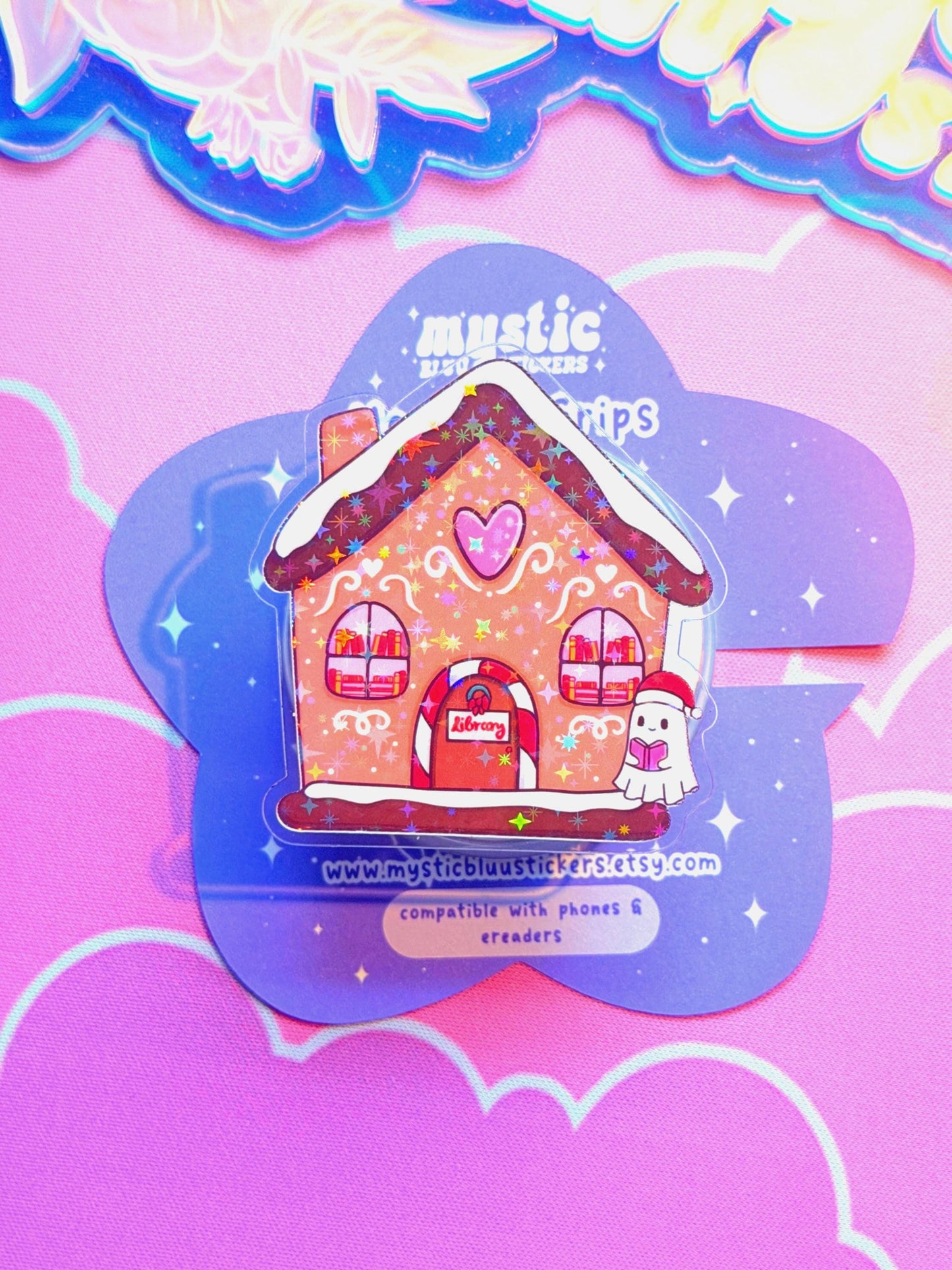 Christmas MagSafe Phone Grip: Holographic Gingerbread Library Kindle Grip