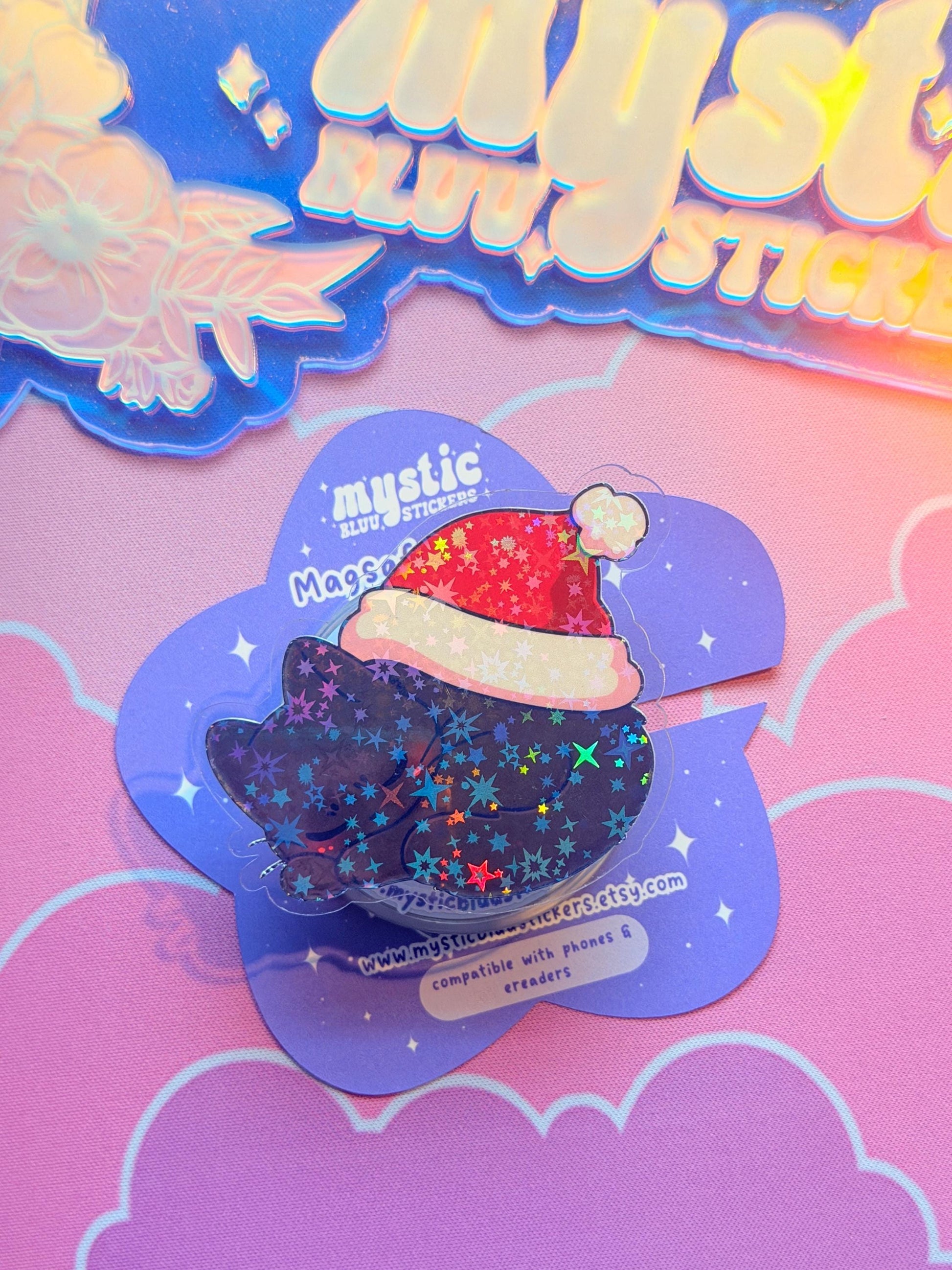 Christmas MagSafe Kindle Grip: Holographic Sleeping Santa Hat Cat Phone Grip