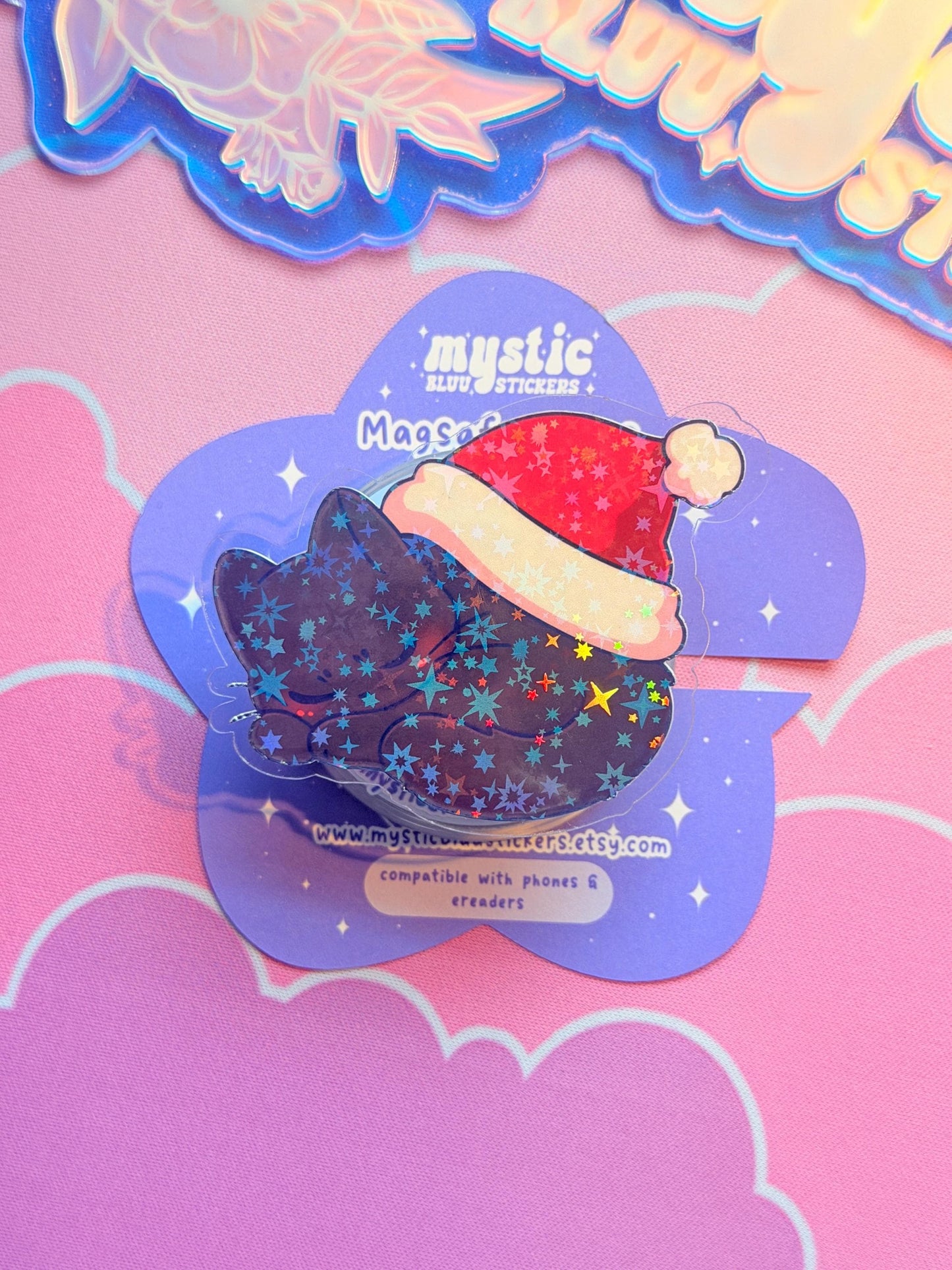 Christmas MagSafe Kindle Grip: Holographic Sleeping Santa Hat Cat Phone Grip