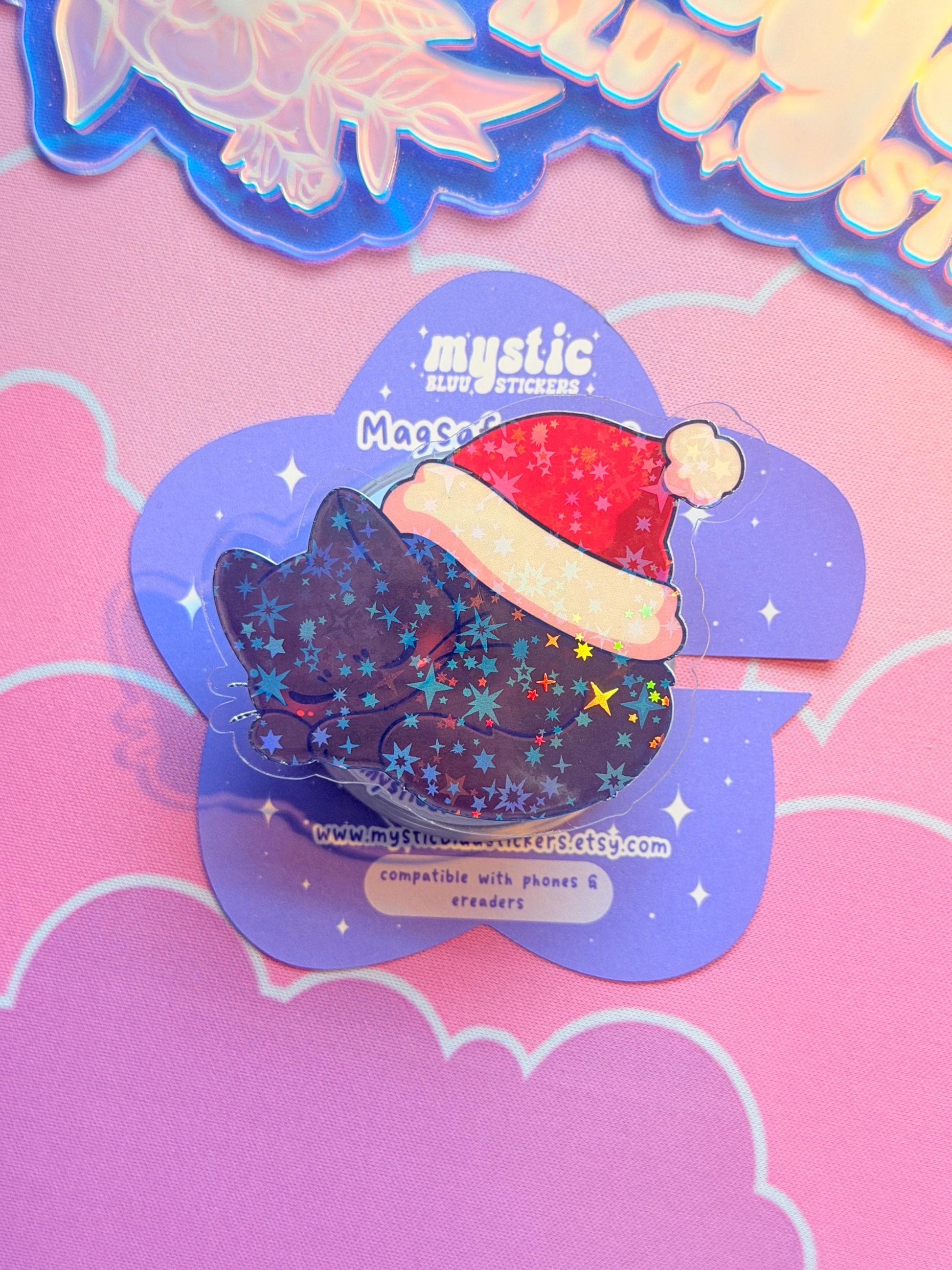 Christmas MagSafe Kindle Grip: Holographic Sleeping Santa Hat Cat Phone Grip