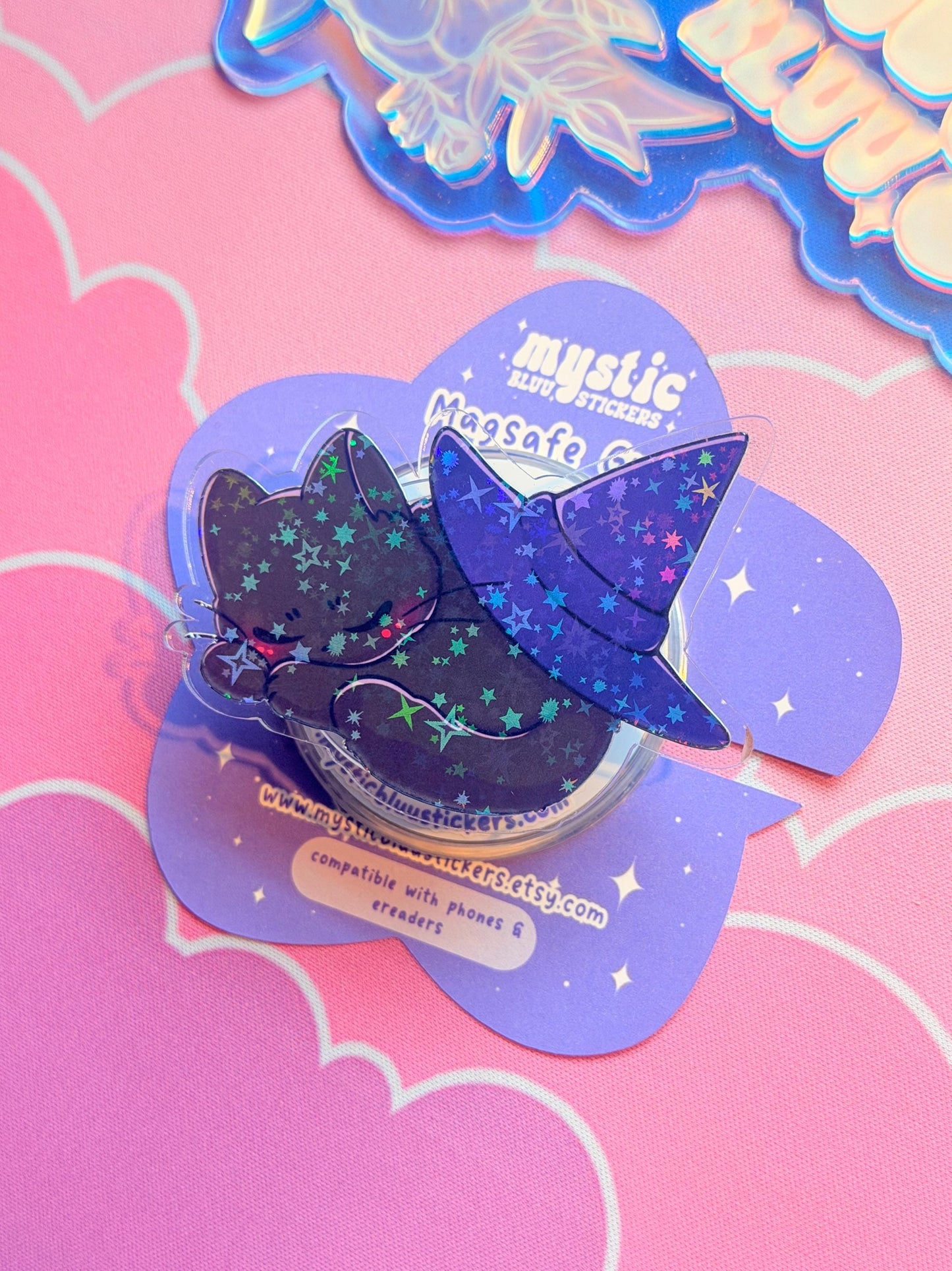 Witchy MagSafe Kindle Grip: Holographic Sleeping Witch Hat Cat Phone Grip
