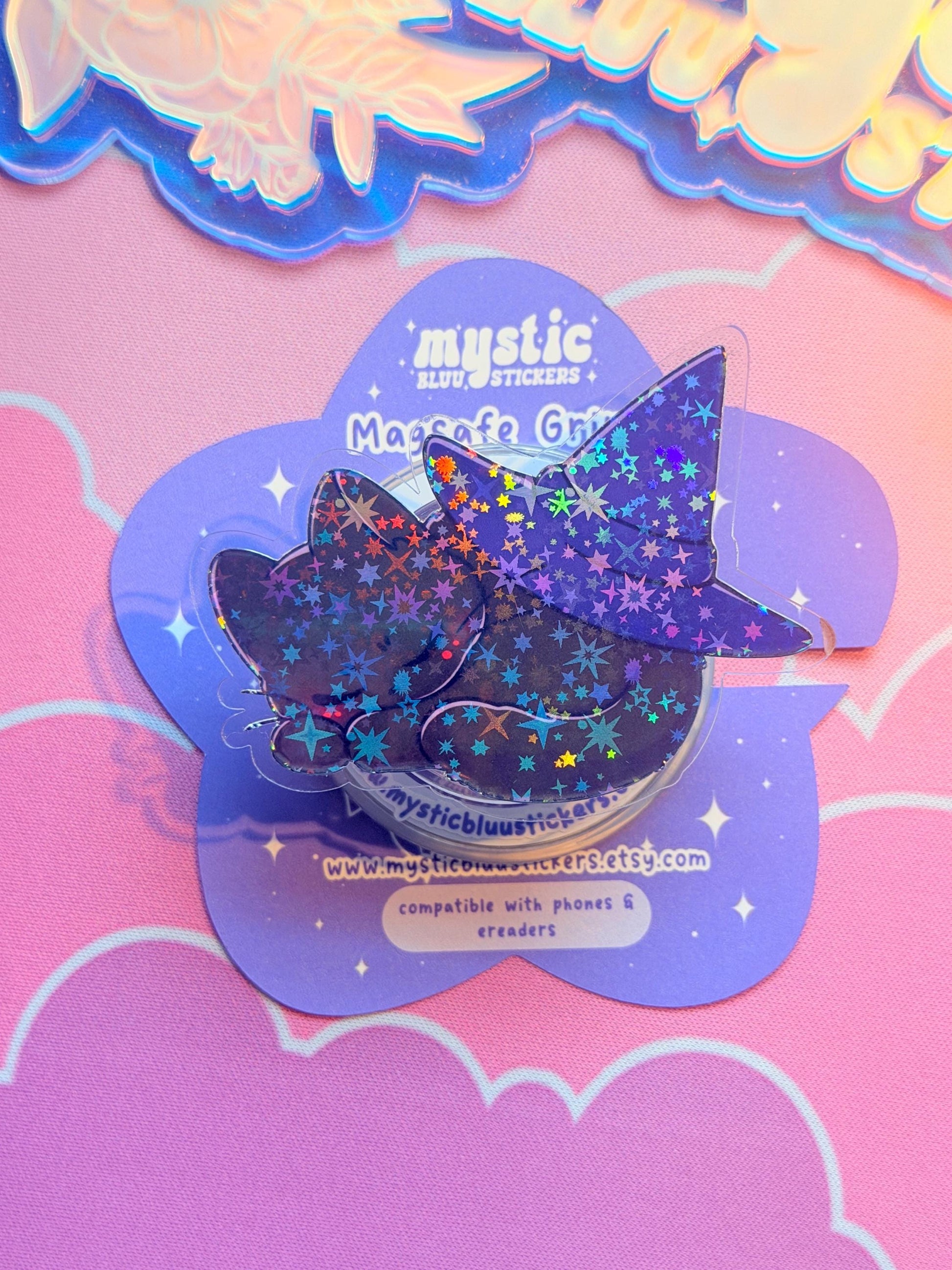 Witchy MagSafe Kindle Grip: Holographic Sleeping Witch Hat Cat Phone Grip