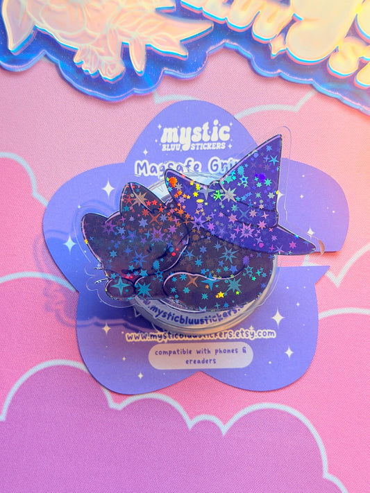 Witchy MagSafe Kindle Grip: Holographic Sleeping Witch Hat Cat Phone Grip