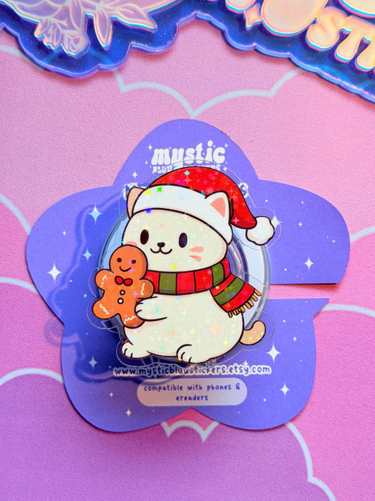 Winter Cat MagSafe Phone Kindle Grip: Holographic Gingerbread Holiday Kitty