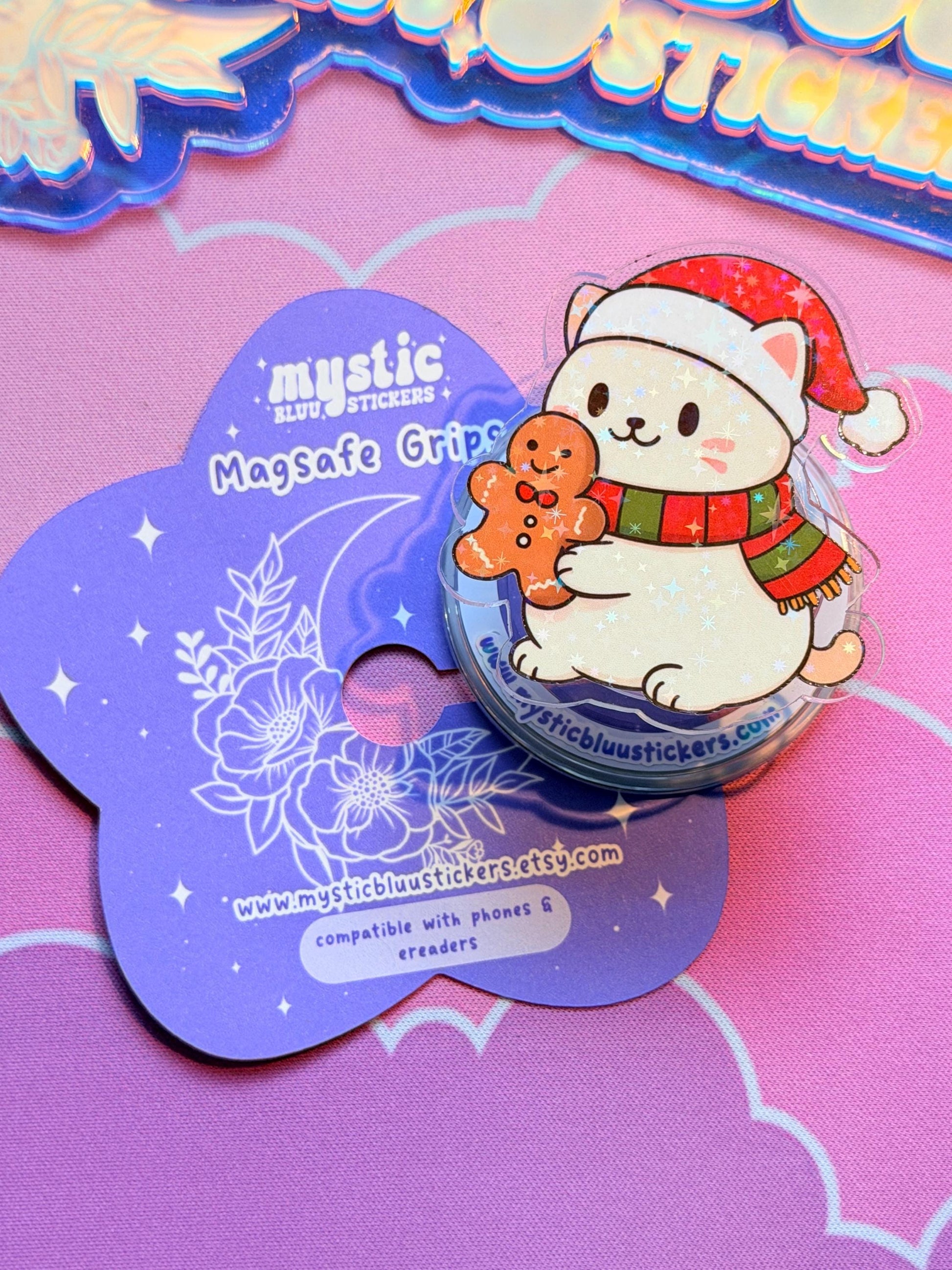 Winter Cat MagSafe Phone Kindle Grip: Holographic Gingerbread Holiday Kitty