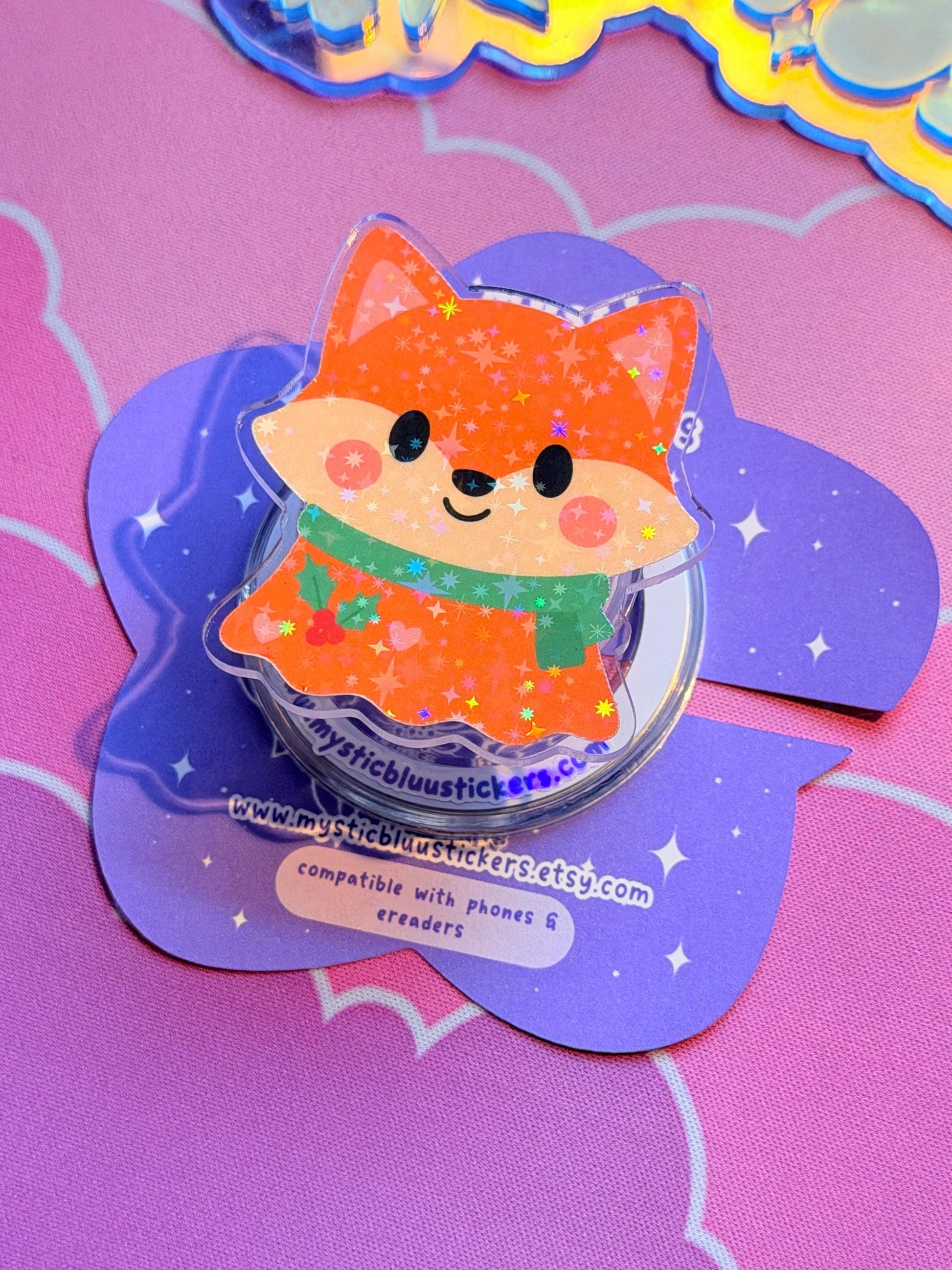 Winter Fox MagSafe Phone Kindle Grip: Holographic Cozy Critter Accessory