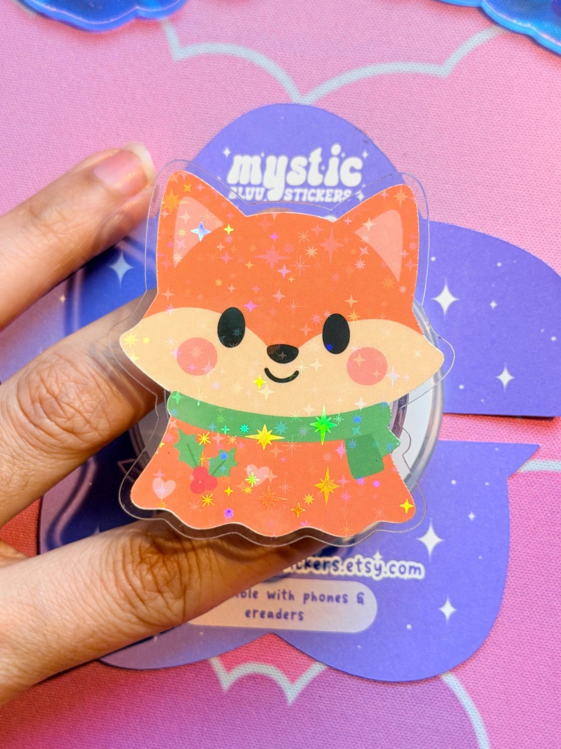 Winter Fox MagSafe Phone Kindle Grip: Holographic Cozy Critter Accessory