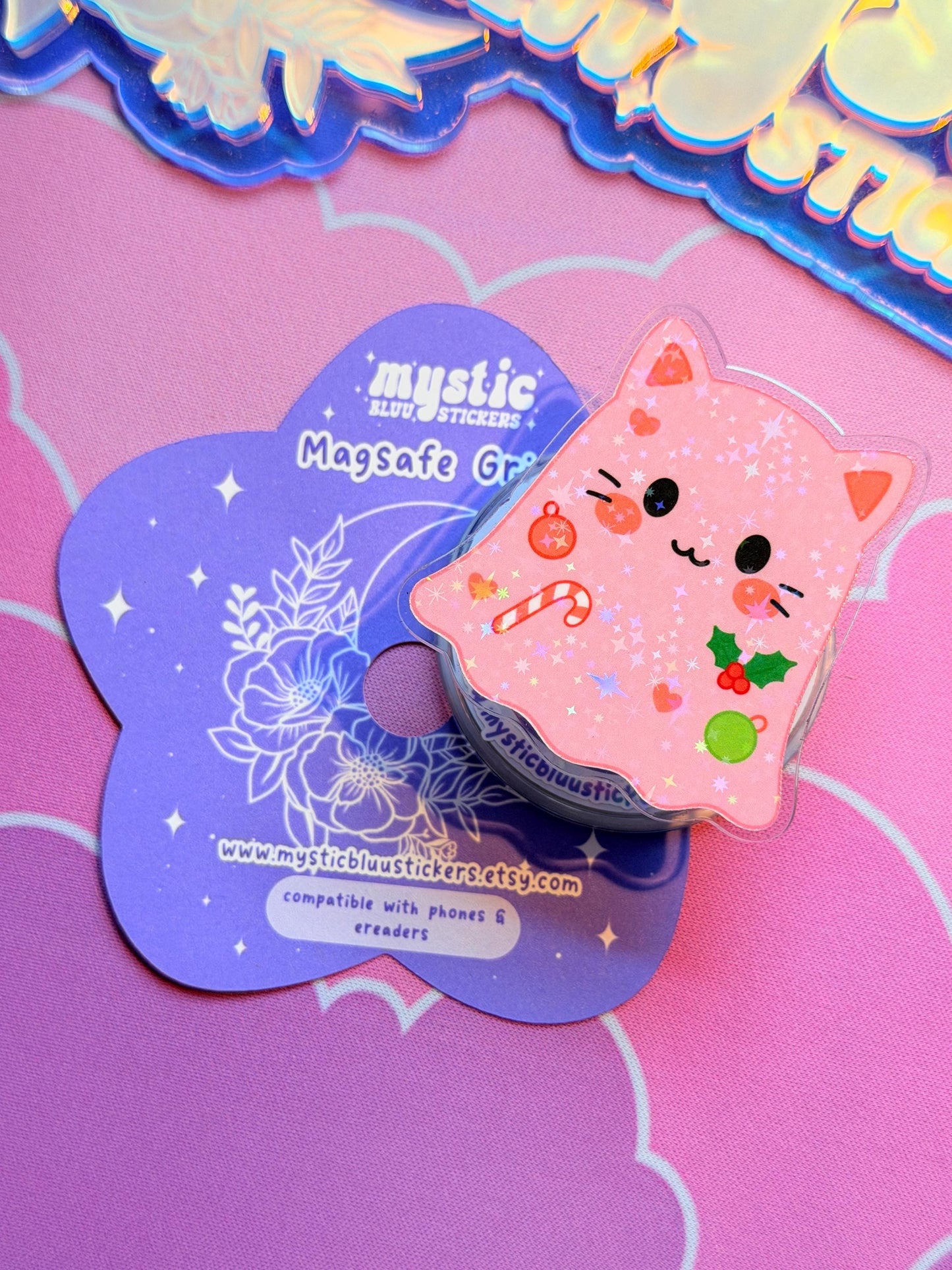 Christmas MagSafe Phone Kindle Grip: Holographic Pink Cat Ghost Candy Cane
