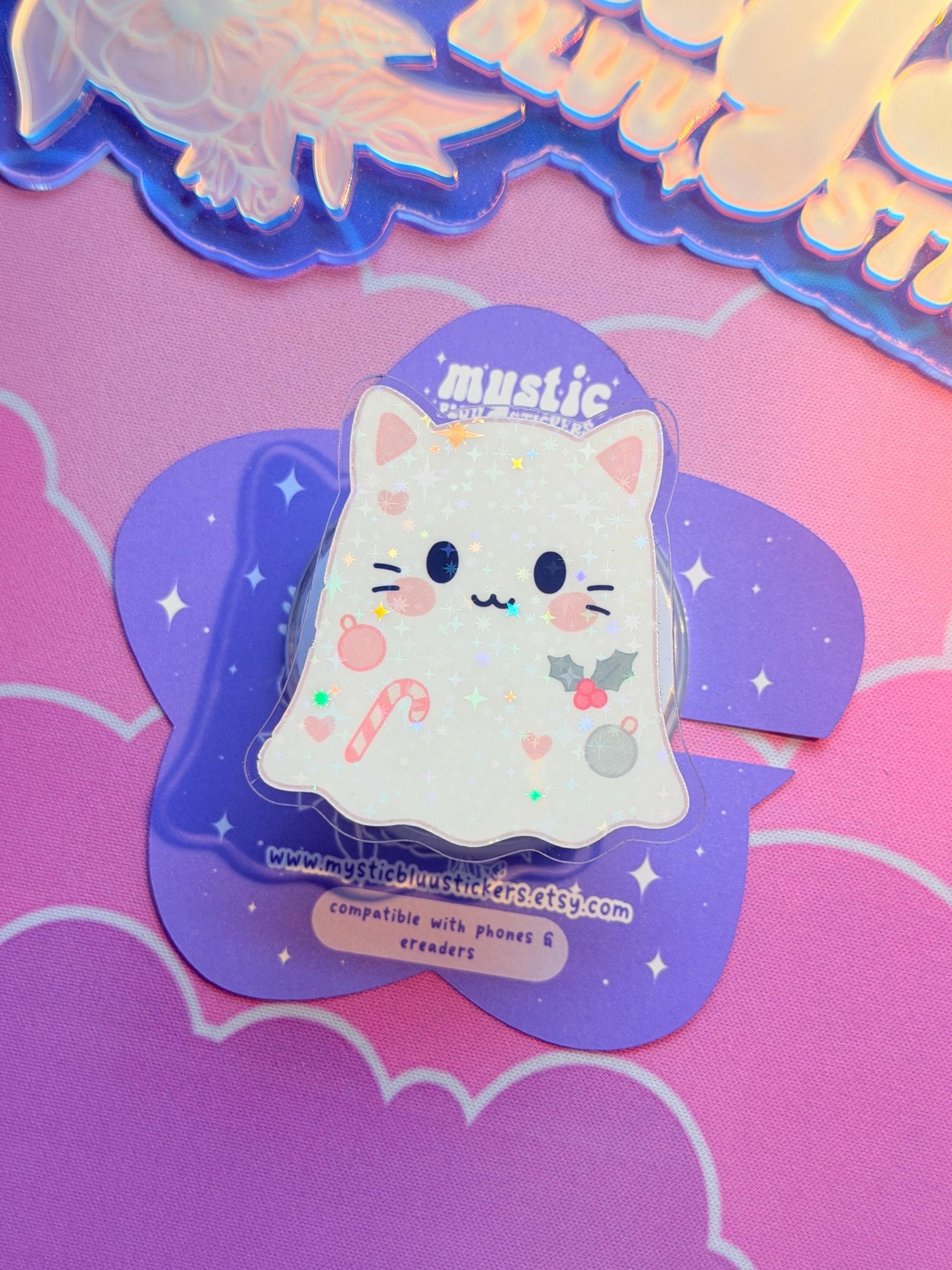 Christmas Ghost MagSafe Phone Kindle Grip: Holographic White Cat Ghost Candy Cane