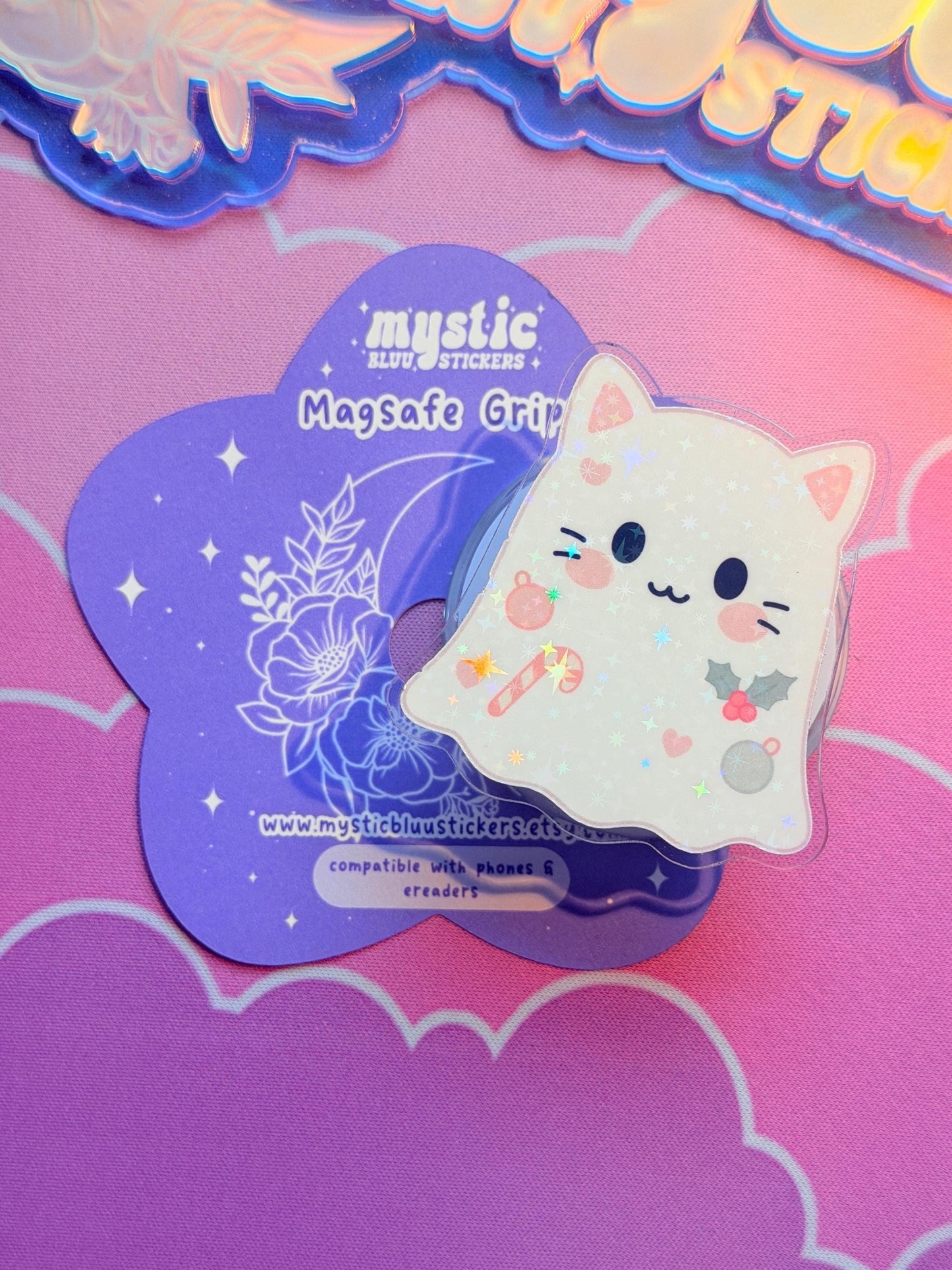 Christmas Ghost MagSafe Phone Kindle Grip: Holographic White Cat Ghost Candy Cane