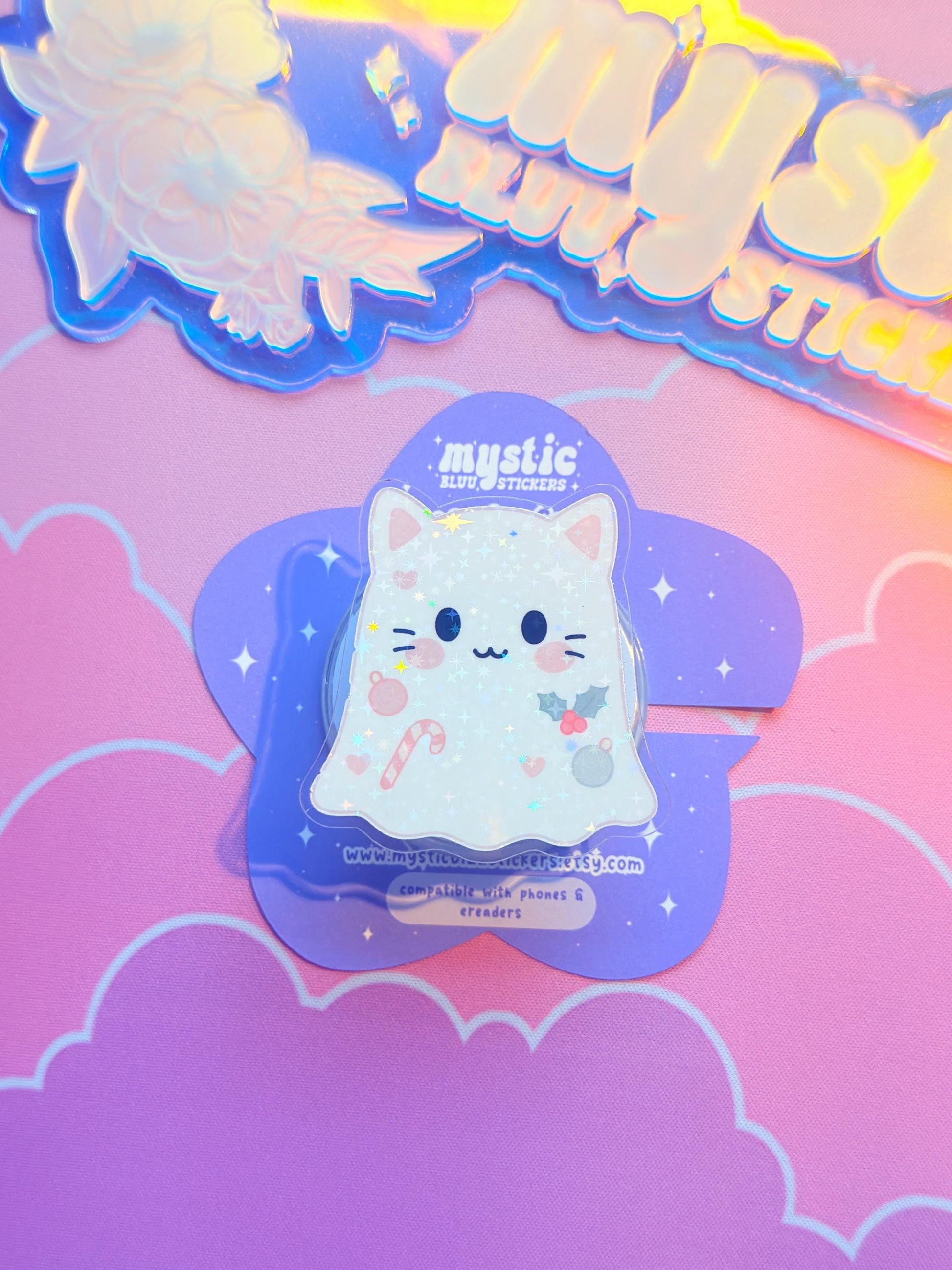 Christmas Ghost MagSafe Phone Kindle Grip: Holographic White Cat Ghost Candy Cane