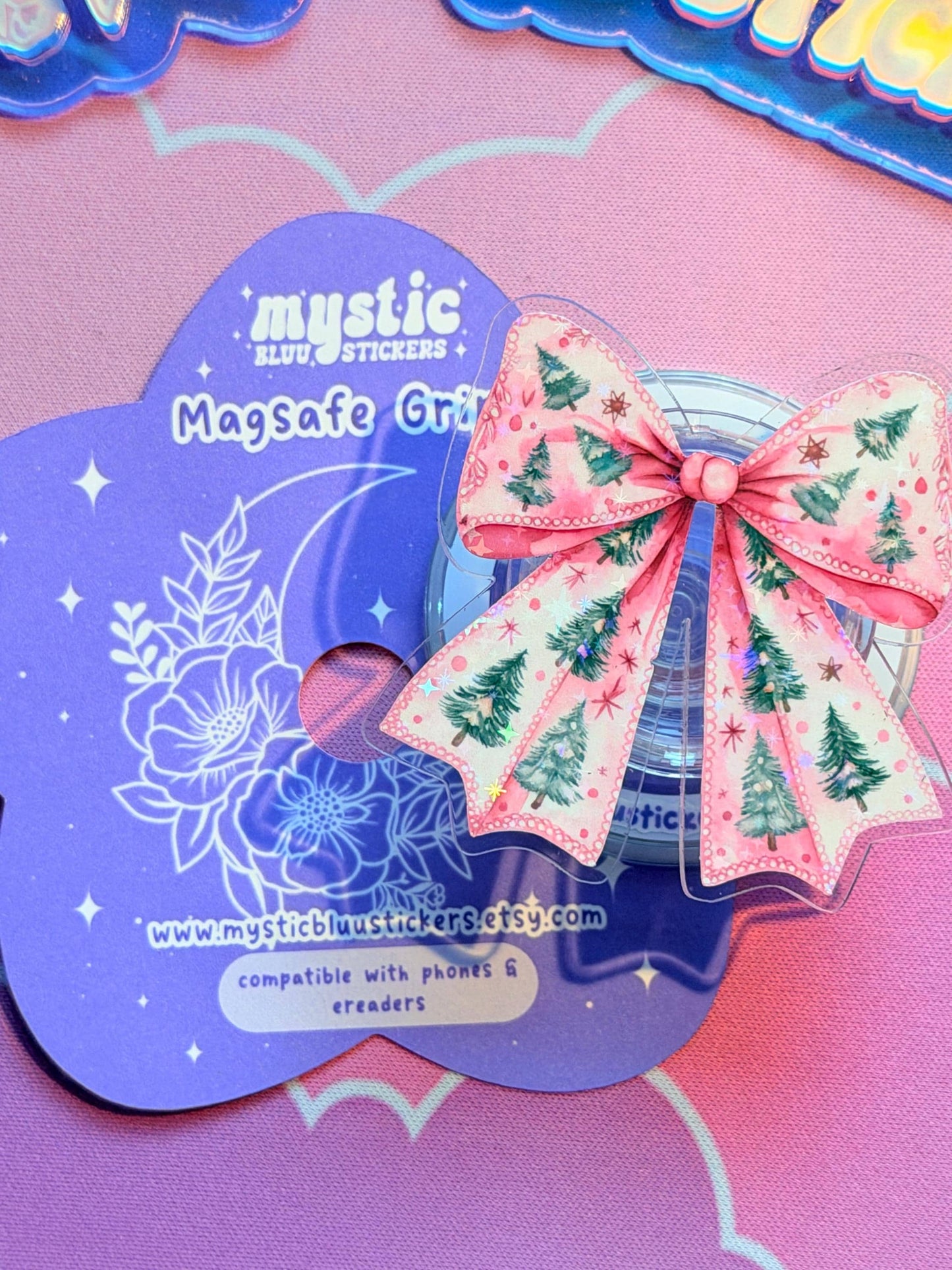 Pink Winter Bow Kindle Grip: Holographic Magsafe Phone Holiday Ribbon Accessory