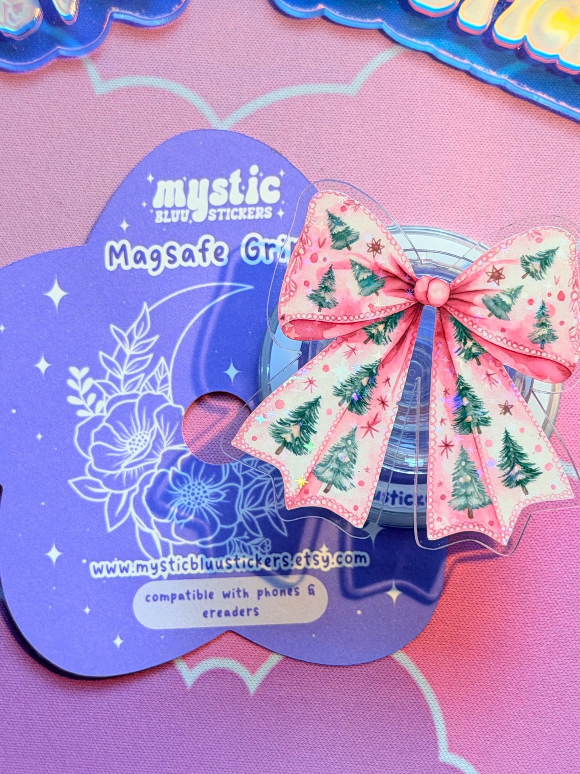 Pink Winter Bow Kindle Grip: Holographic Magsafe Phone Holiday Ribbon Accessory