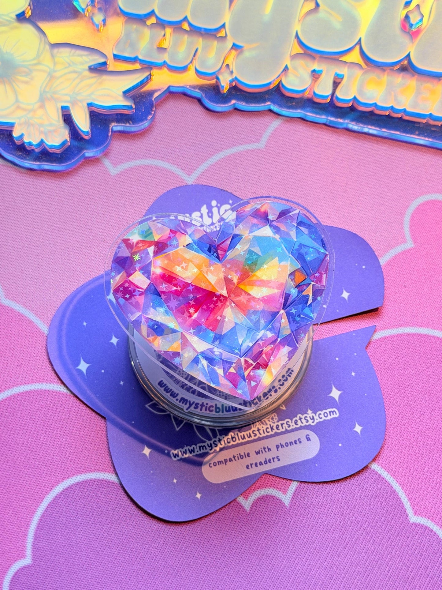 Rainbow Diamond Kindle Grip: Holographic Magsafe Phone Gemstone Accessory