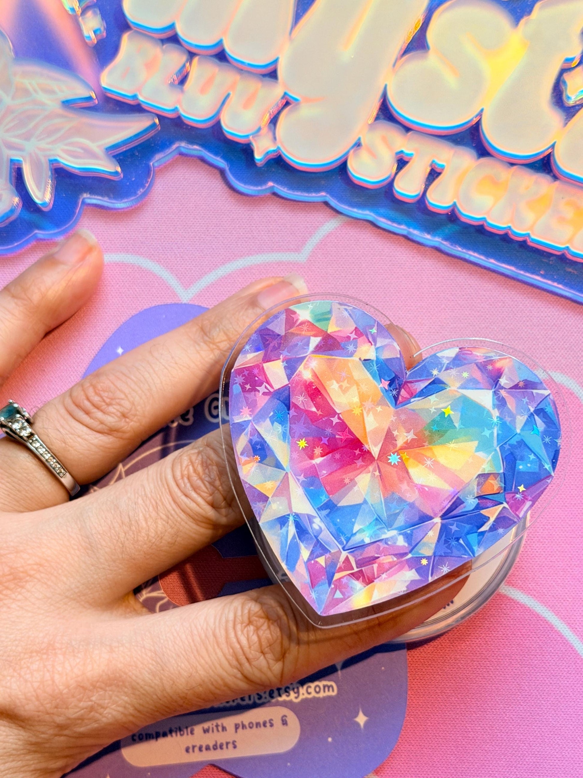 Rainbow Diamond Kindle Grip: Holographic Magsafe Phone Gemstone Accessory