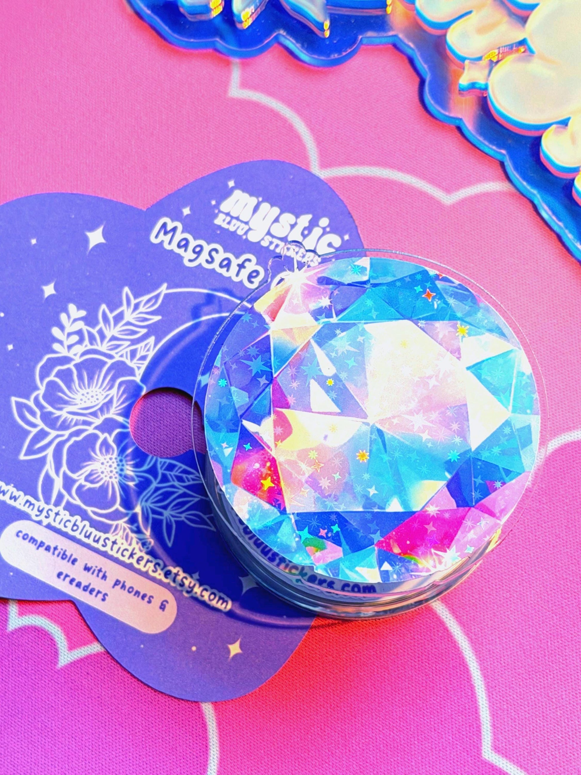 Rainbow Diamond Phone Grip: Holographic Magsafe Gemstone Kindle Accessory