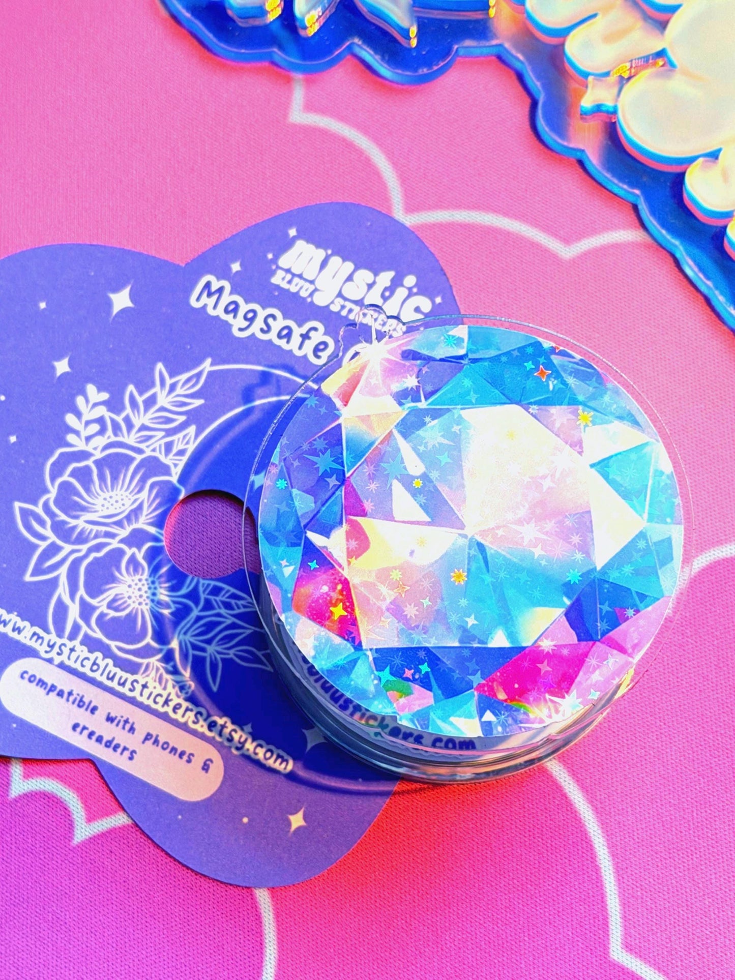 Rainbow Diamond Phone Grip: Holographic Magsafe Gemstone Kindle Accessory