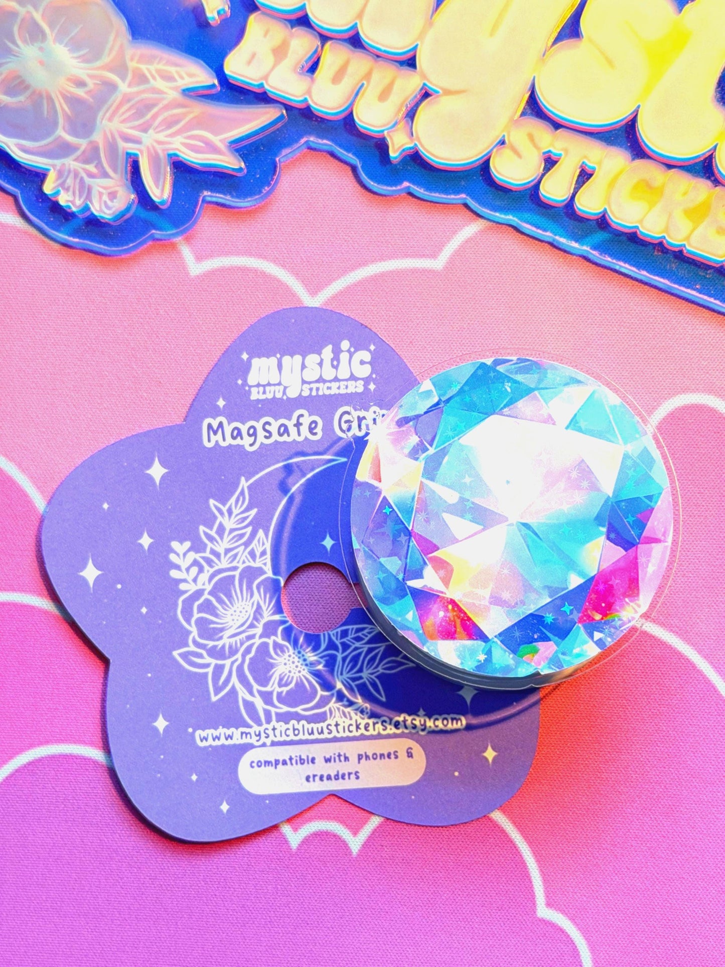 Rainbow Diamond Phone Grip: Holographic Magsafe Gemstone Kindle Accessory