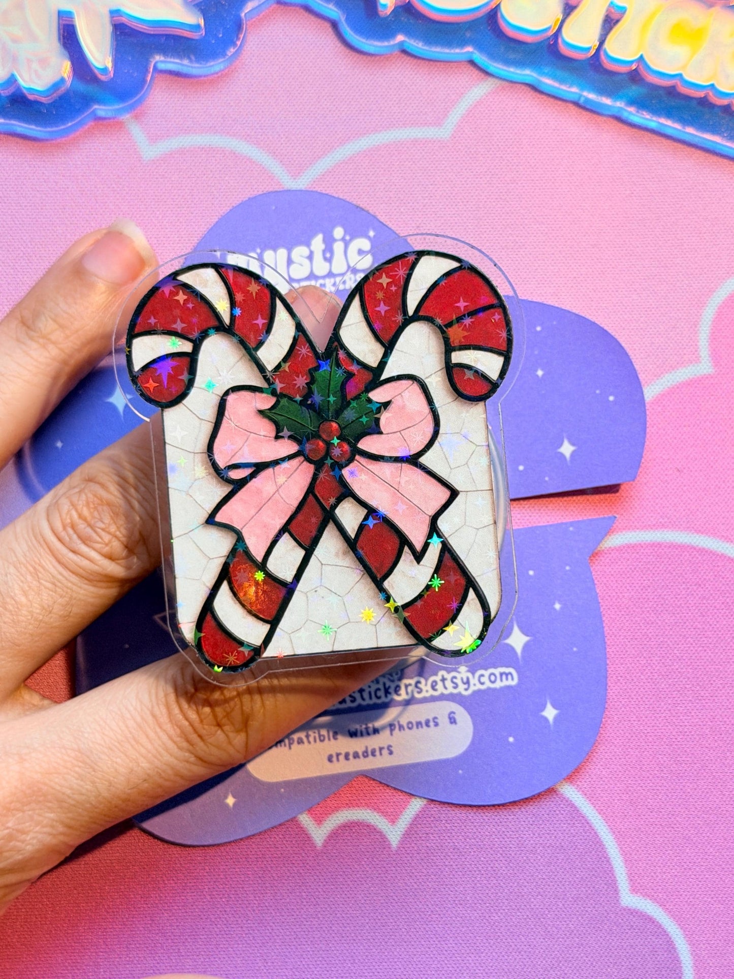 Christmas MagSafe Phone Grip: Holographic Candy Cane Bow Kindle Grip