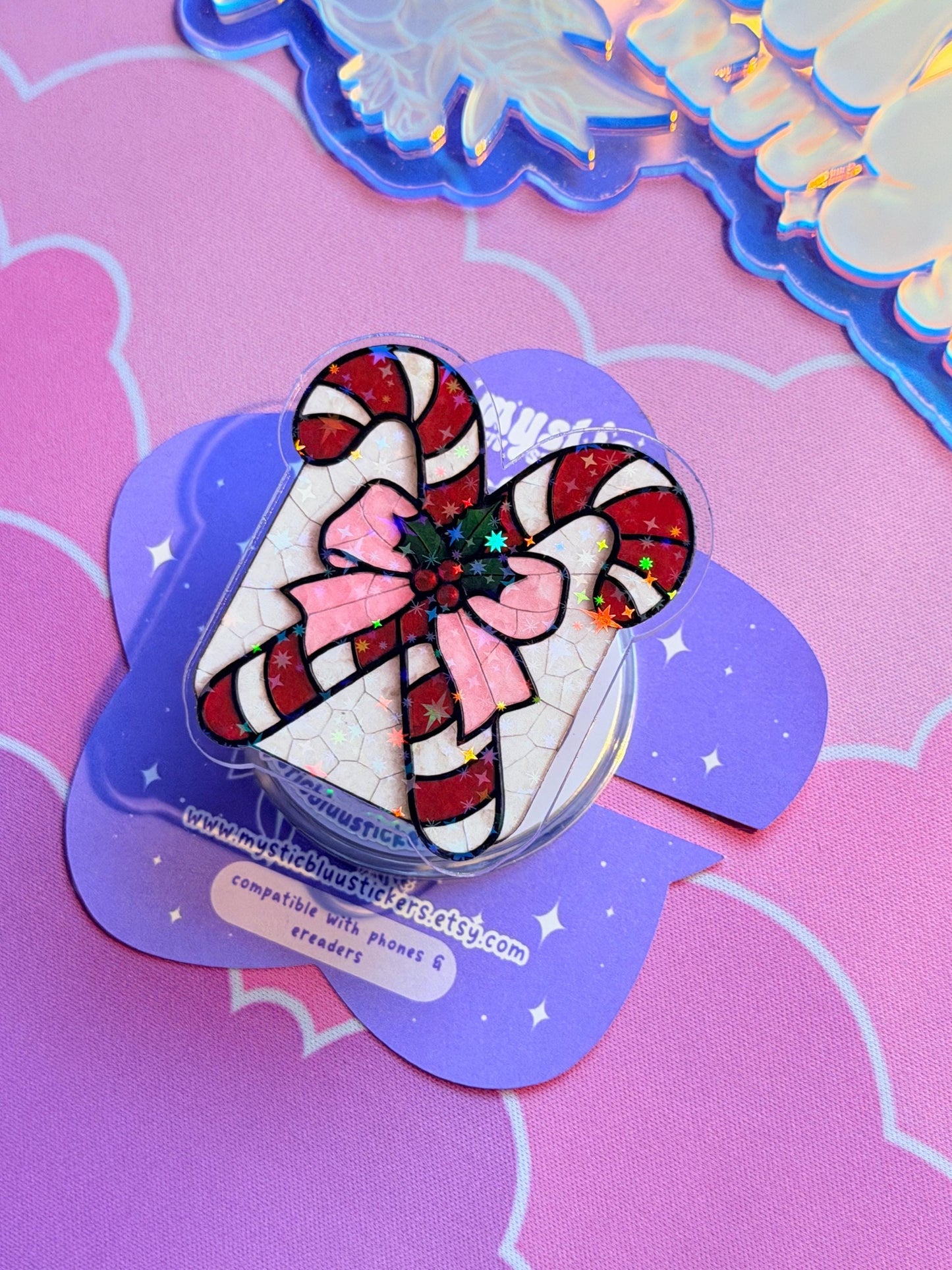 Christmas MagSafe Phone Grip: Holographic Candy Cane Bow Kindle Grip