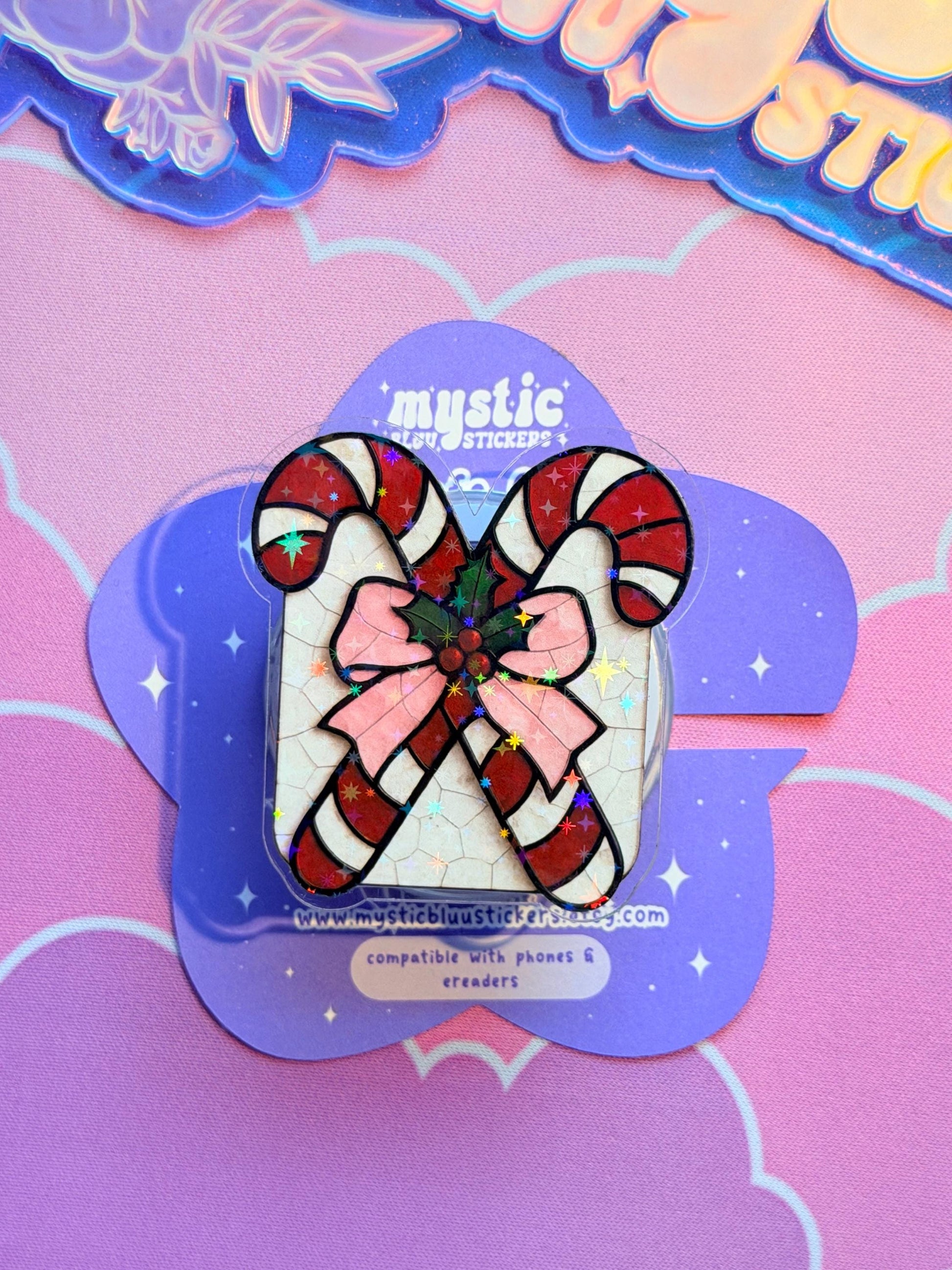 Christmas MagSafe Phone Grip: Holographic Candy Cane Bow Kindle Grip