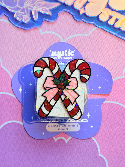 Christmas MagSafe Phone Grip: Holographic Candy Cane Bow Kindle Grip