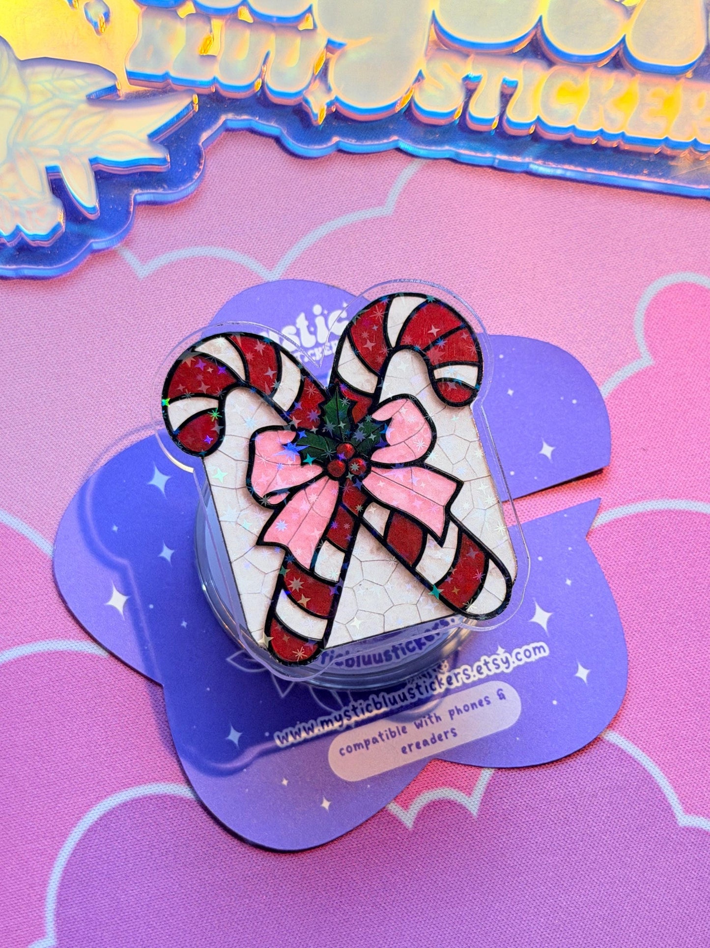 Christmas MagSafe Phone Grip: Holographic Candy Cane Bow Kindle Grip
