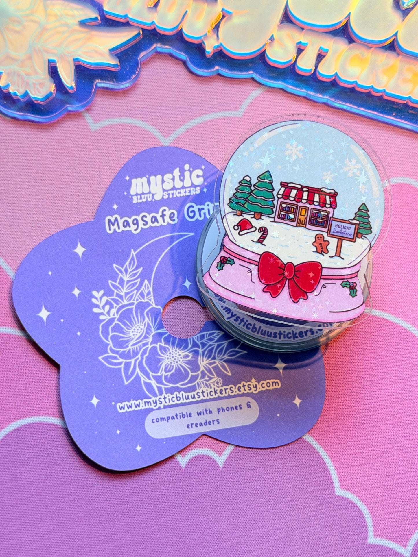 Christmas MagSafe Phone Grip: Holographic Snowglobe Bookstore Kindle Grip
