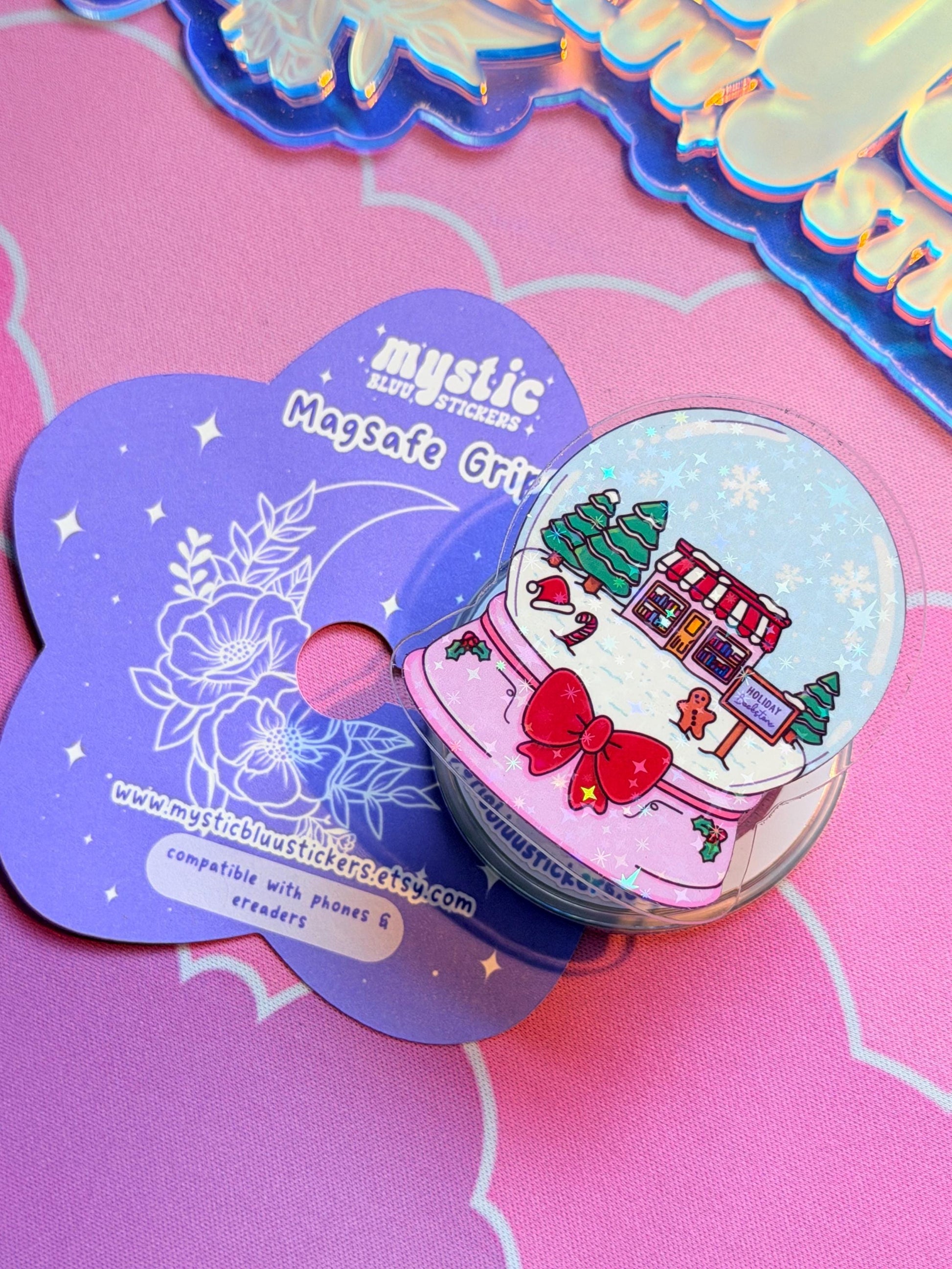 Christmas MagSafe Phone Grip: Holographic Snowglobe Bookstore Kindle Grip