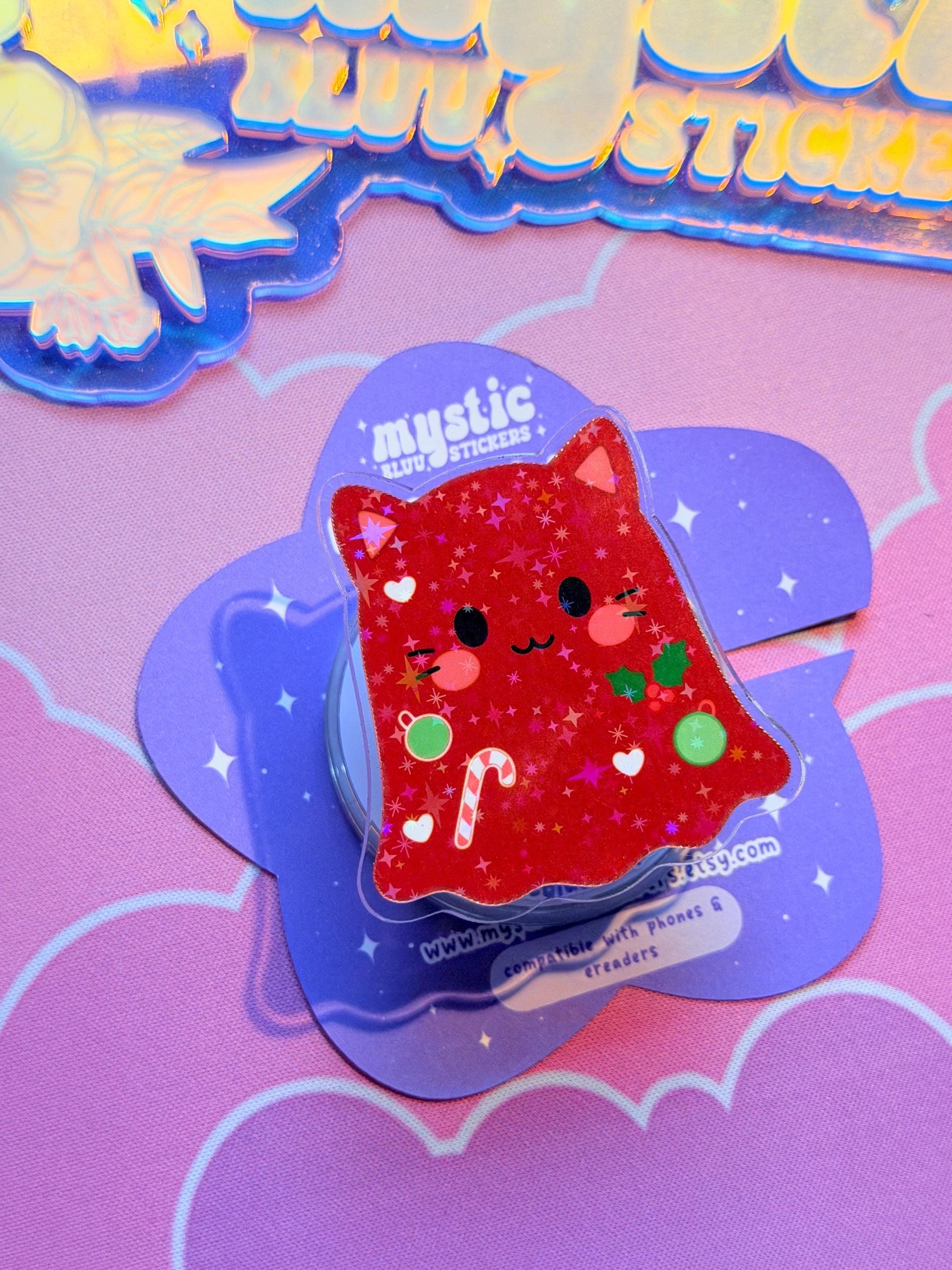 Christmas MagSafe Phone Kindle Grip: Holographic Red Cat Ghost Candy Cane