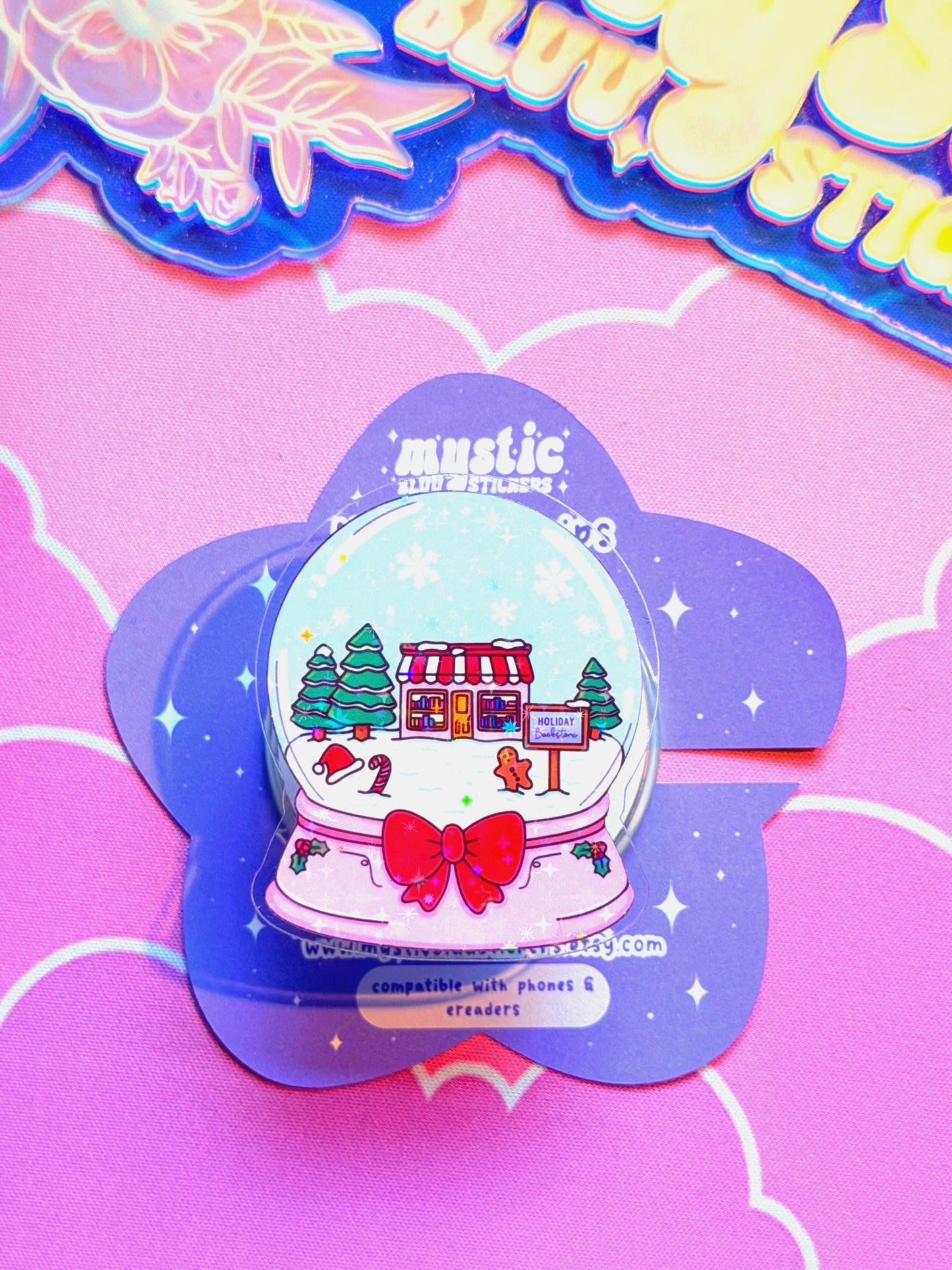 Christmas MagSafe Phone Grip: Holographic Snowglobe Bookstore Kindle Grip