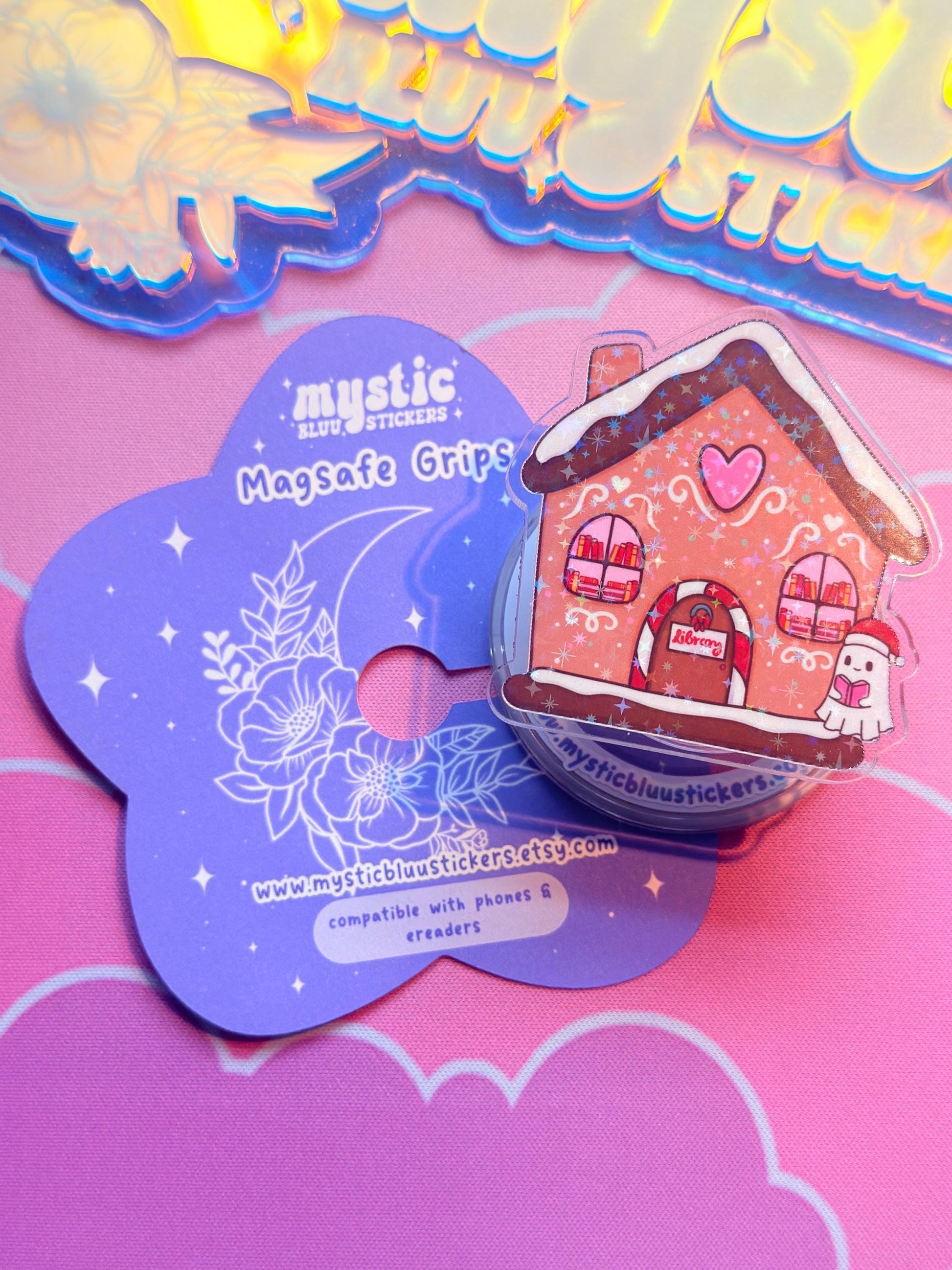 Christmas MagSafe Phone Grip: Holographic Gingerbread Library Kindle Grip