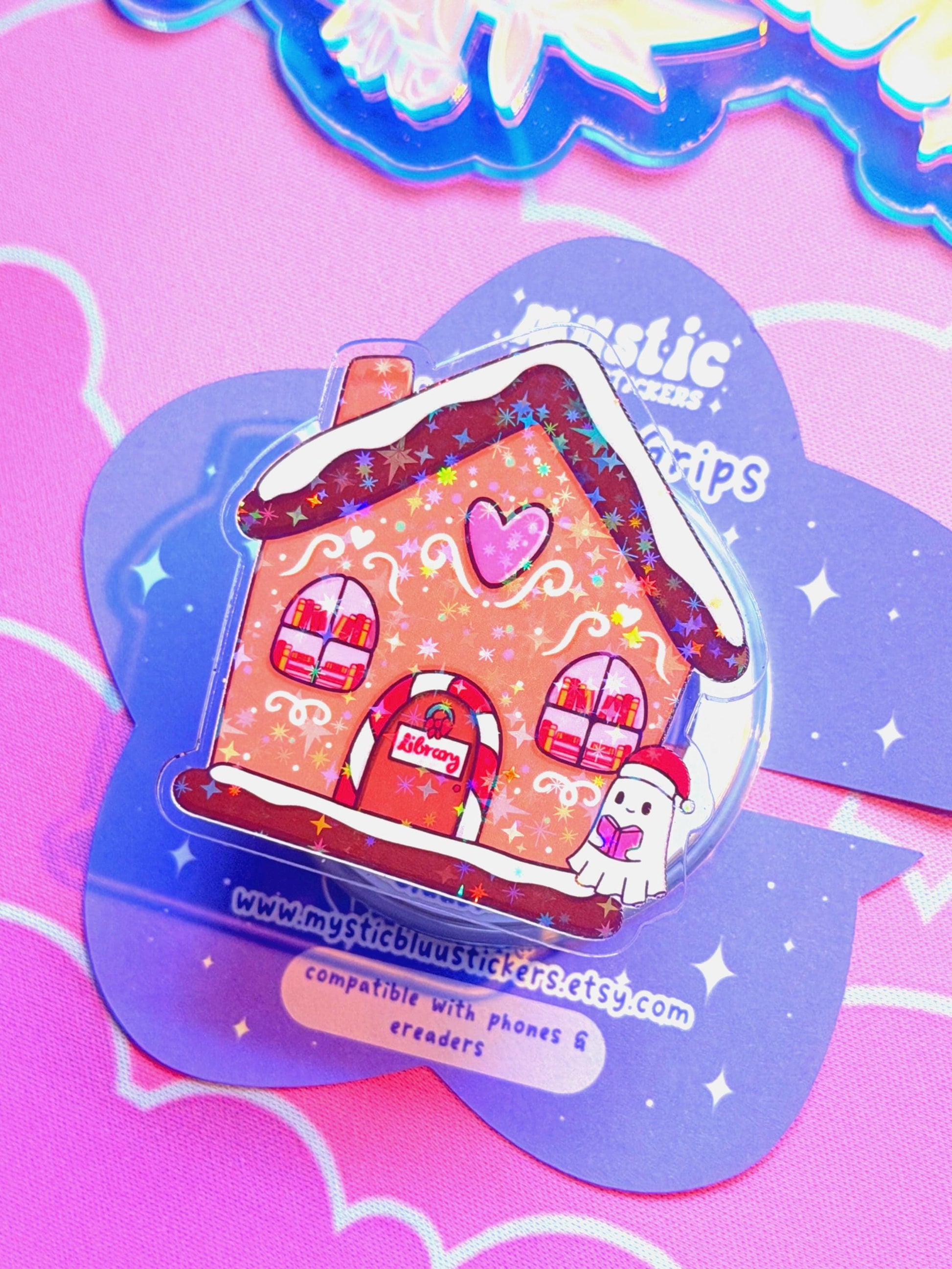 Christmas MagSafe Phone Grip: Holographic Gingerbread Library Kindle Grip