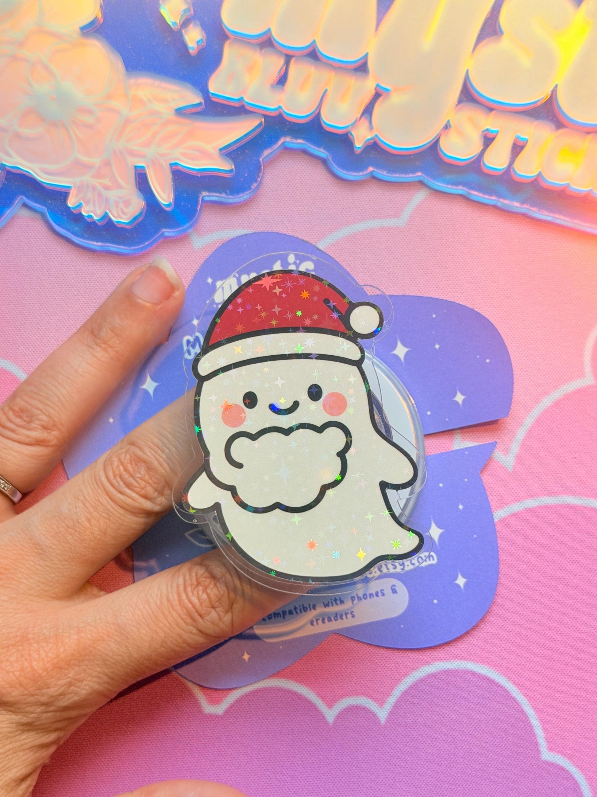 Holographic Santa Ghost MagSafe Phone Grip: Christmas Kindle Grip