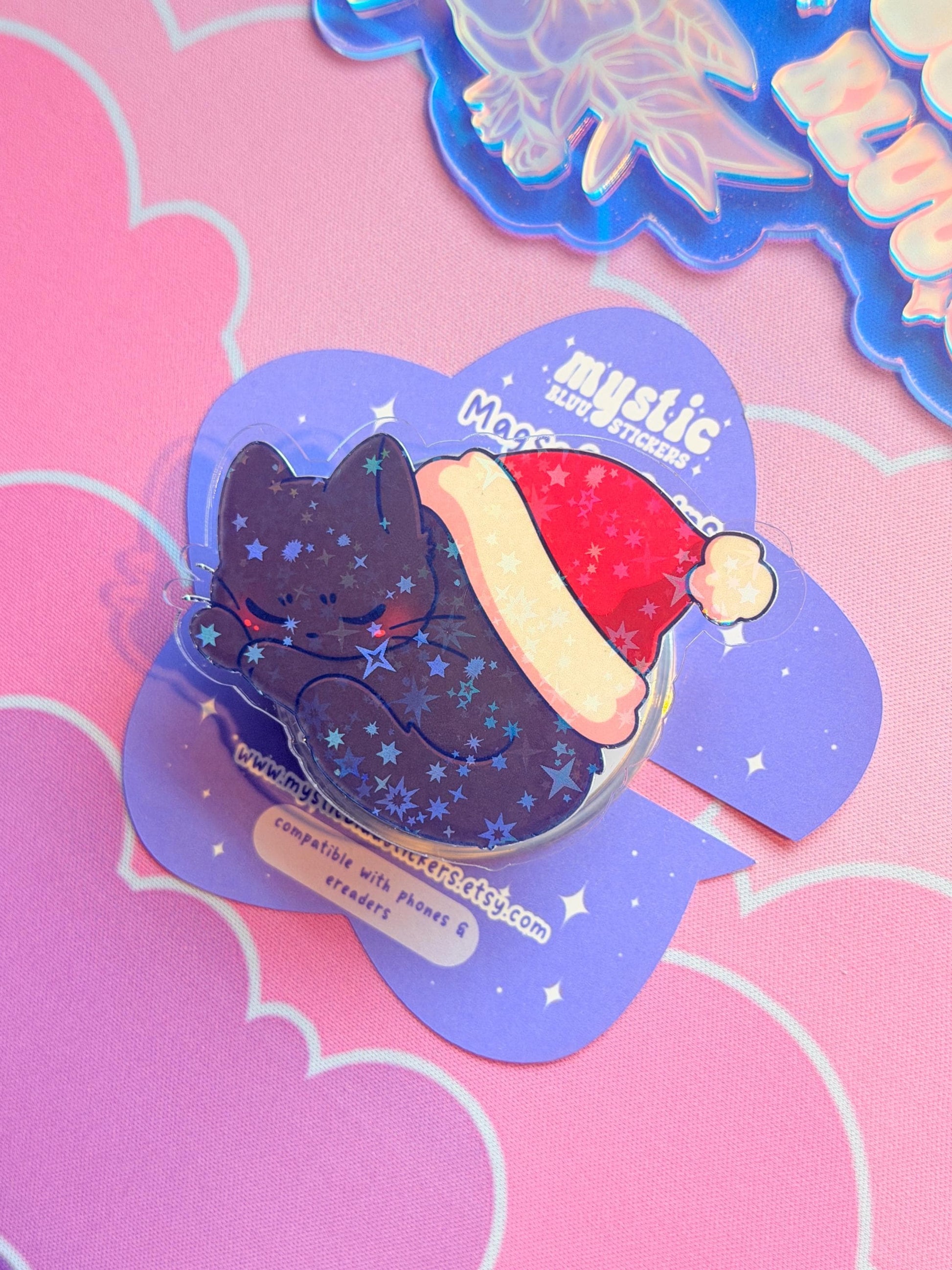 Christmas MagSafe Kindle Grip: Holographic Sleeping Santa Hat Cat Phone Grip